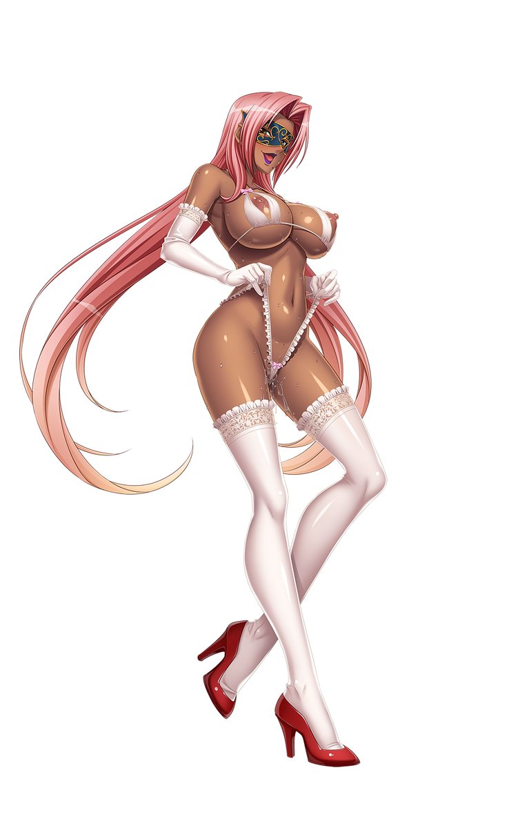 breasts, dark skin, dark-skinned female, erect nipples, female, gloves, high heels, huge breasts, ingrid (taimanin asagi), lipstick, long hair, mask, nipples, open mouth, pink hair, plain background, pulling, purple lipstick, pussy, pussy juice, red high heels, solo, sweat, tagme, taimanin asagi, taimanin asagi battle arena, wet, wet pussy