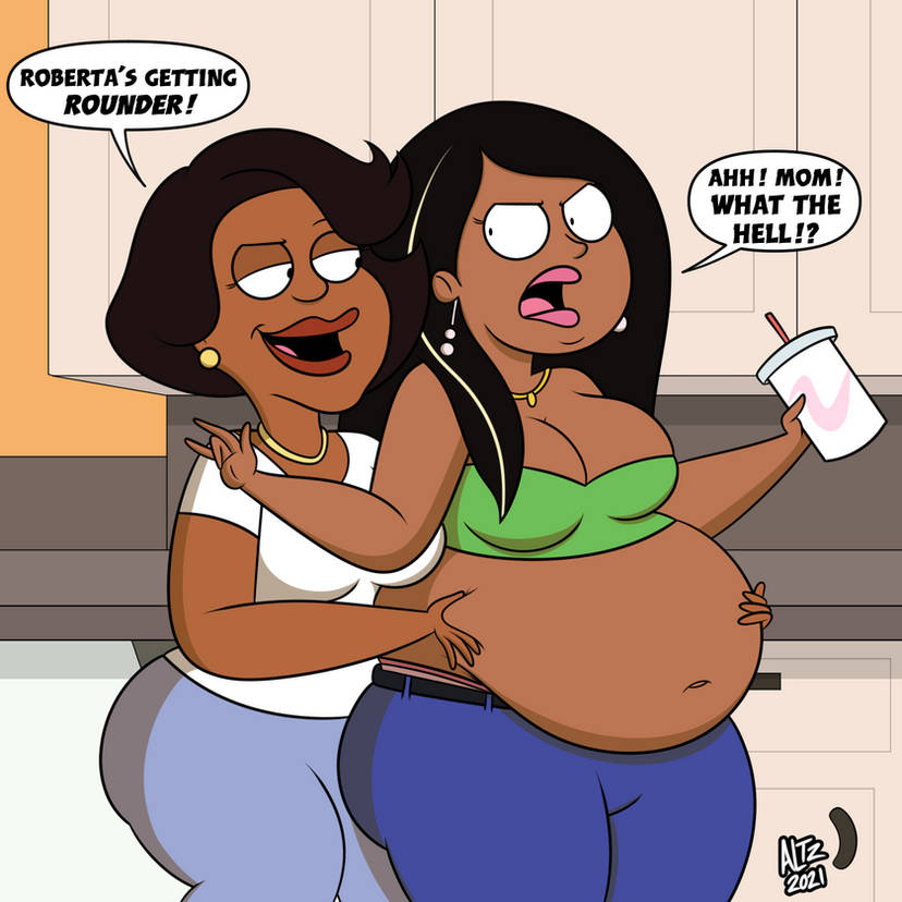 2girls altzegoz_(artist) bbw belt_snapping dark-skinned_female dark_skin donna_tubbs family_guy fat feederism female food forced_presentation mother_and_daughter multiple_girls overweight roberta_tubbs teasing teasing_another text_bubble weight_gain