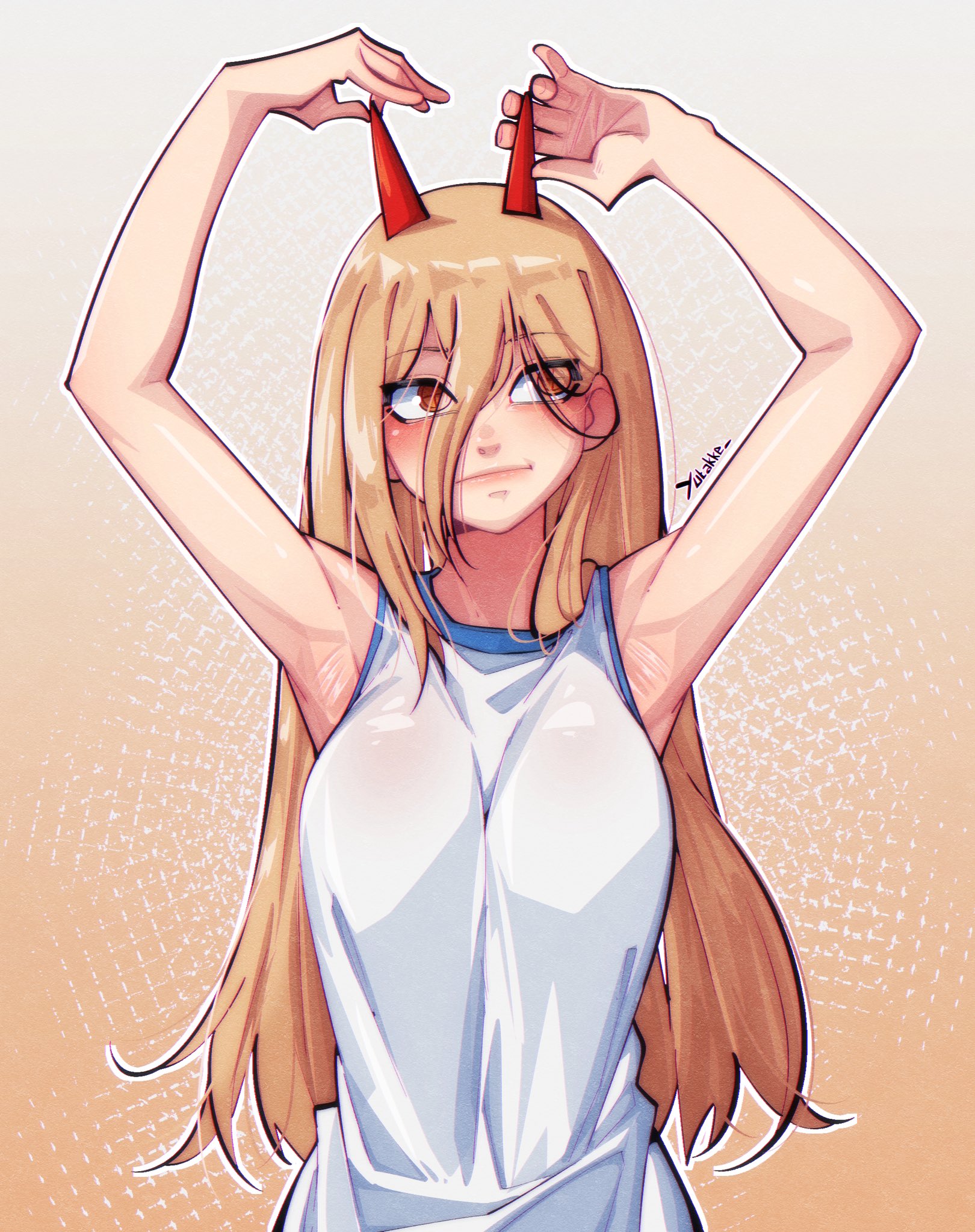 1girls, armpits, arms up, chainsaw man, cleavage, demon, eyebrows visible through hair, eyes visible through hair, female, female focus, fully clothed, horn, long hair, looking up, power (chainsaw man), signature, solo, solo focus, standing, tank top, yutakke