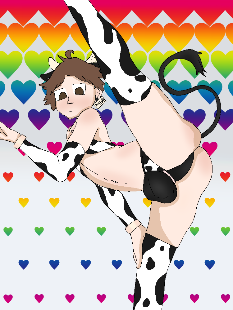 1boy ass brown_eyes brown_hair bulge clothing cow_ears cow_horns cow_print cowbell cowboy crotch_focus ear heart heart_background horns human humanoid light_skin looking_down male male_only oc original original_character pixeldud rainbow short_hair skinny sleeves solo solo_focus thighhighs thighs young