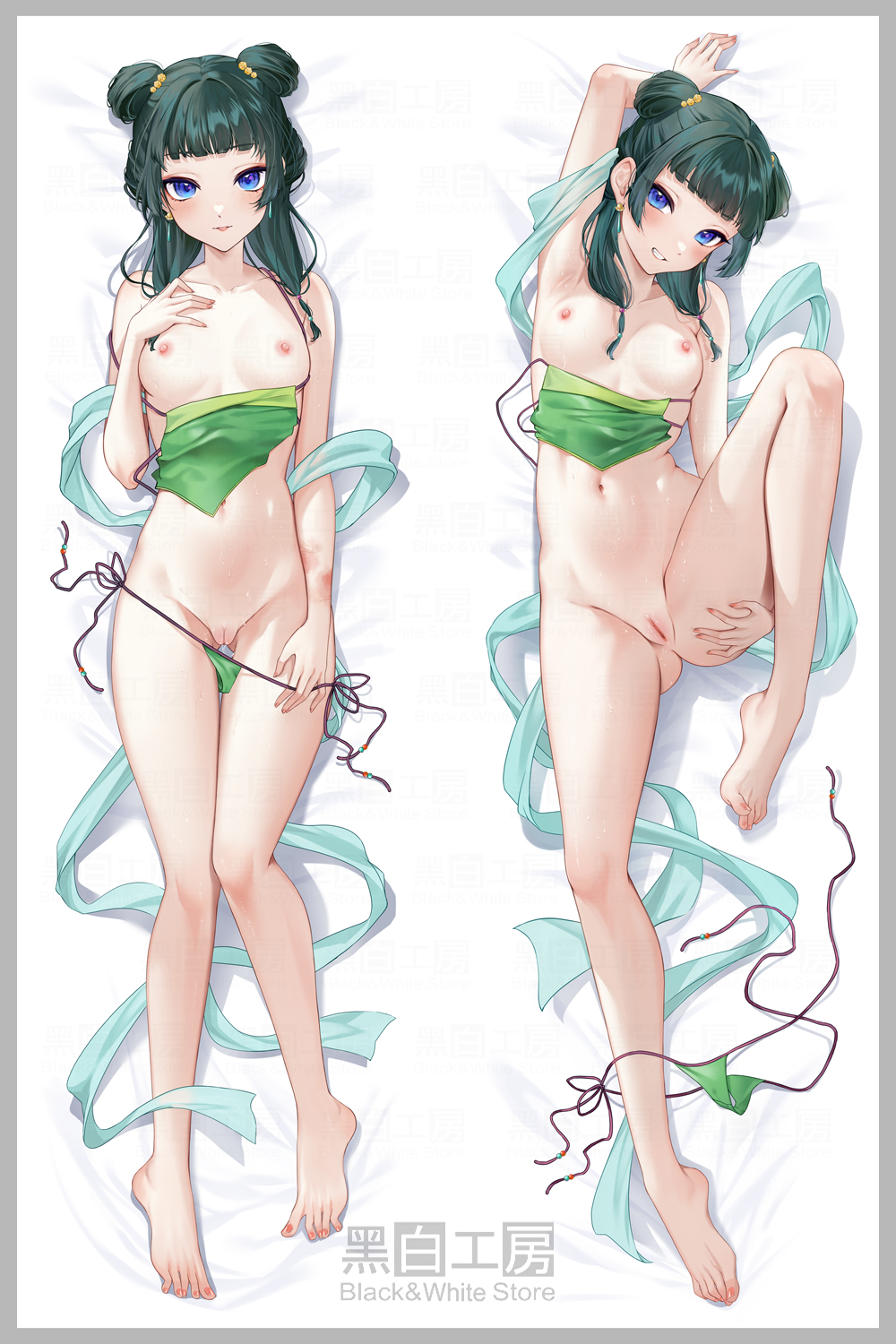 arm_up armpits bare_shoulders barefoot bikini blue_eyes blush breasts breasts_out carrot_(robosquat) dakimakura_(medium) dakimakura_design female full_body green_bikini green_hair grin hand_on_own_chest highres kusuriya_no_hitorigoto looking_at_viewer maomao_(kusuriya_no_hitorigoto) medium_hair multiple_views nipples pussy simple_background small_breasts smile swimsuit teeth thigh_gap toes two_side_up uncensored unworn_bikini unworn_bikini_top upper_body white_background