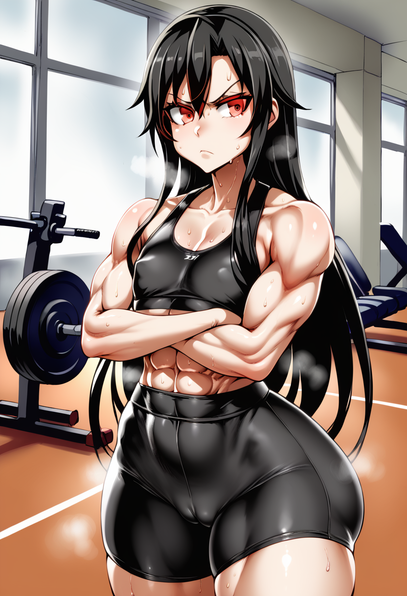 1girls ai_generated annoyed asanagi_(style) ass bike_shorts black_hair cameltoe covered_nipples crossed_arms flat_chest long_hair looking_at_viewer muscular muscular_female original red_eyes self_upload sports_bra steam steaming_body sweat thick_thighs