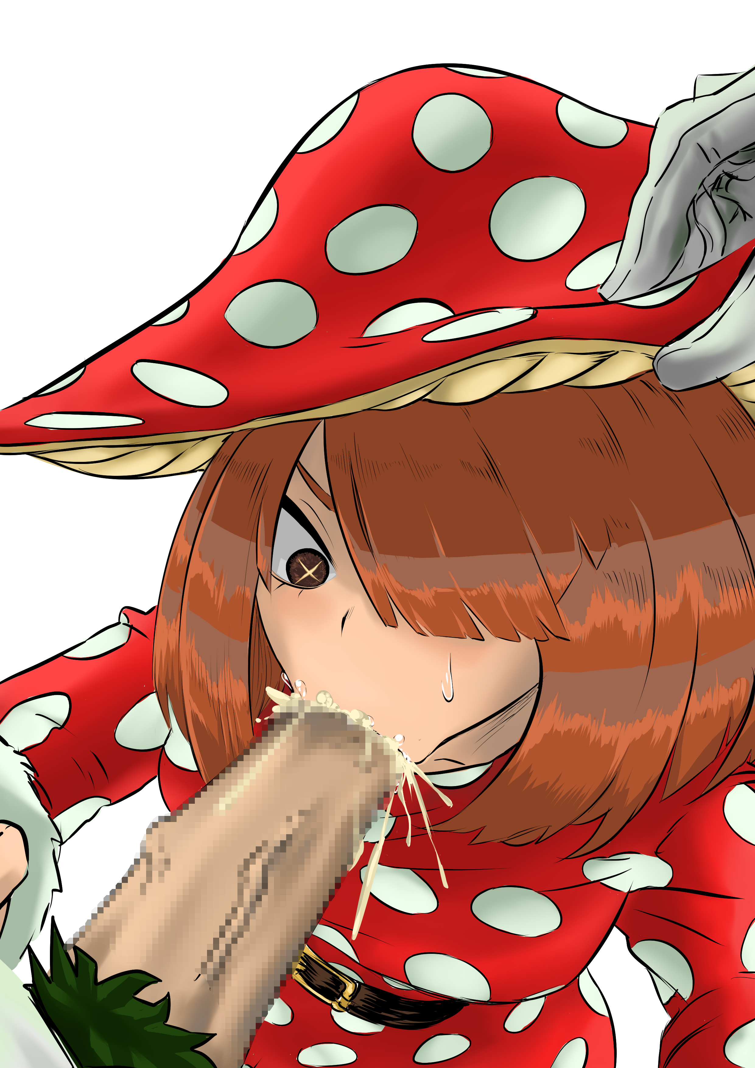 1boy, 1girls, amano44, big penis, blowjob, boku no hero academia, brown eyes, brown hair, class 1b, clothed, clothing, cum, cum in mouth, cum inside mouth, fellatio, female, green pubic hair, hero outfit (mha), huge cock, izuku midoriya, komori kinoko, light skin, long penis, male, medium hair, midoriya izuku, mushroom hat, my hero academia, oral, penis, penis in mouth, penis out, pubic tuft, veiny penis
