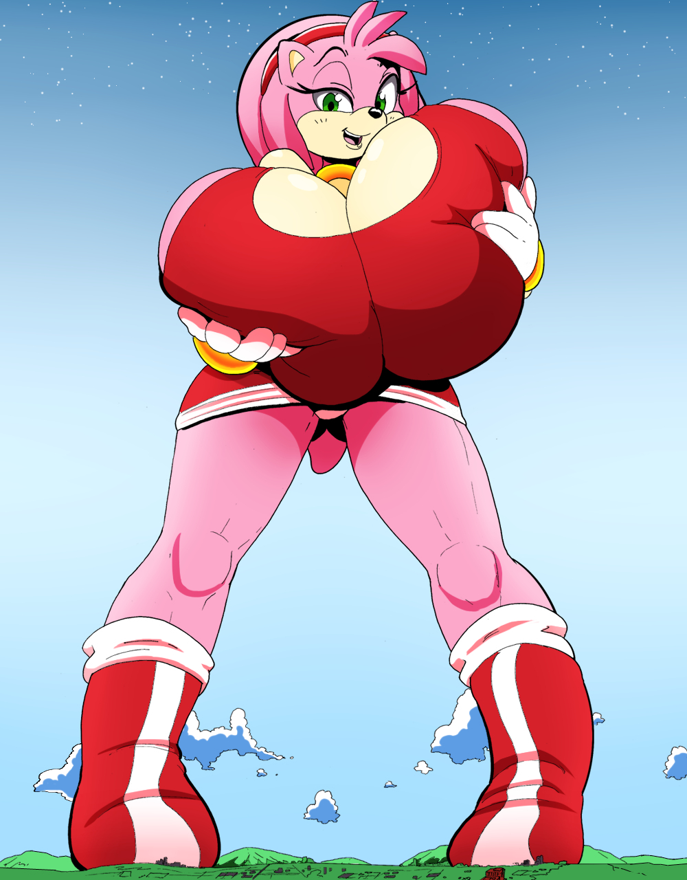 1girls amy_rose anthro boots bracelet breasts cleavage cleavage_cutout cloud colored female female_focus female_only furry giant_female giantess gloves green_eyes hairband hedgehog hedgehog_humanoid hips holding_breast hyper hyper_breasts large_breasts macro macro_female mountain oxdaman panties pink_body pink_fur pink_hair rabid sega sonic_(series) sonic_the_hedgehog_(series) star stars thick_thighs thighs underwear updress