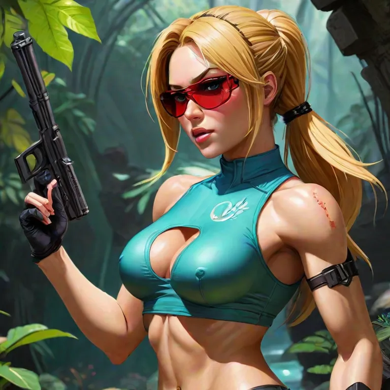 1girls ai ai_generated blonde_hair blue_eyes cosplay green_top gun jungle lara_croft lara_croft_(cosplay) metroid nintendo nipples nipples_visible_through_clothing ponytail red-tinted_eyewear red_sunglasses samus_aran square_enix sunglasses tinted_eyewear tomb_raider