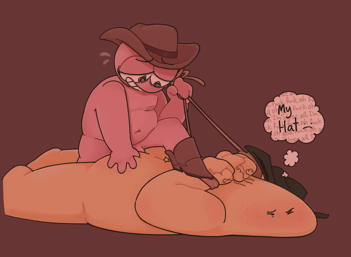 anal, anal sex, ass, ass grab, blush, charlie (smiling friends), closed eyes, cowboy, cowboy hat, gay, gay anal, gay domination, male, mintyconolies, overweight, overweight male, pim (smiling friends), size difference, small top big bottom, smiling friends, stepped on