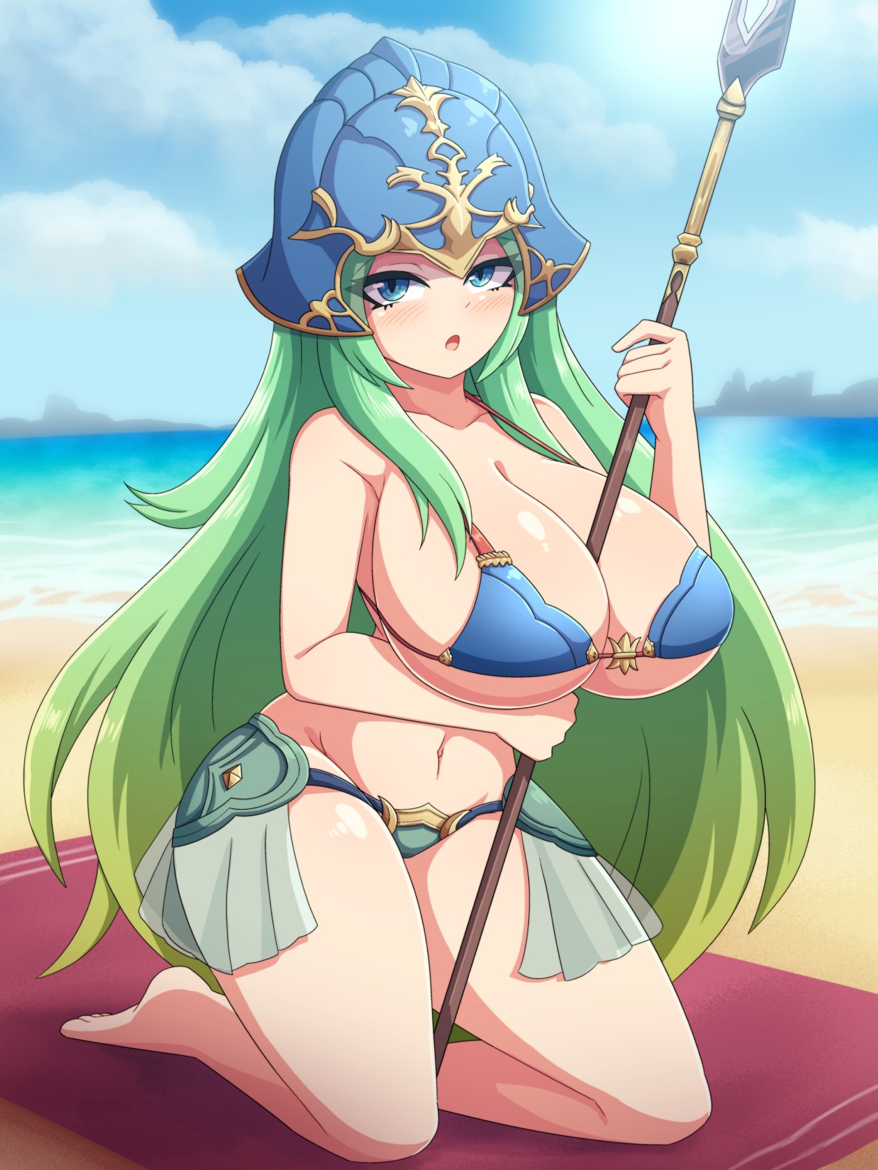 1girls beach between_breasts bikini blue_bikini blue_eyes blue_swimsuit blush breasts cleavage day female female female_only fire_emblem fire_emblem:_path_of_radiance full_body green_hair helmet highres holding holding_polearm holding_weapon horizon huge_breasts kneeling long_hair looking_at_viewer navel nephenee_(fire_emblem) nintendo ocean outdoors polearm showgirl_skirt sideboob solo swimsuit underboob vadaboob very_long_hair weapon