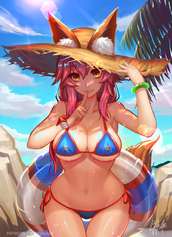 beach, big breasts, bikini, breasts, cleavage, fate (series), fate/grand order, female, female only, large breasts, looking at viewer, qblade, solo, tamamo no mae (fate), thigh gap