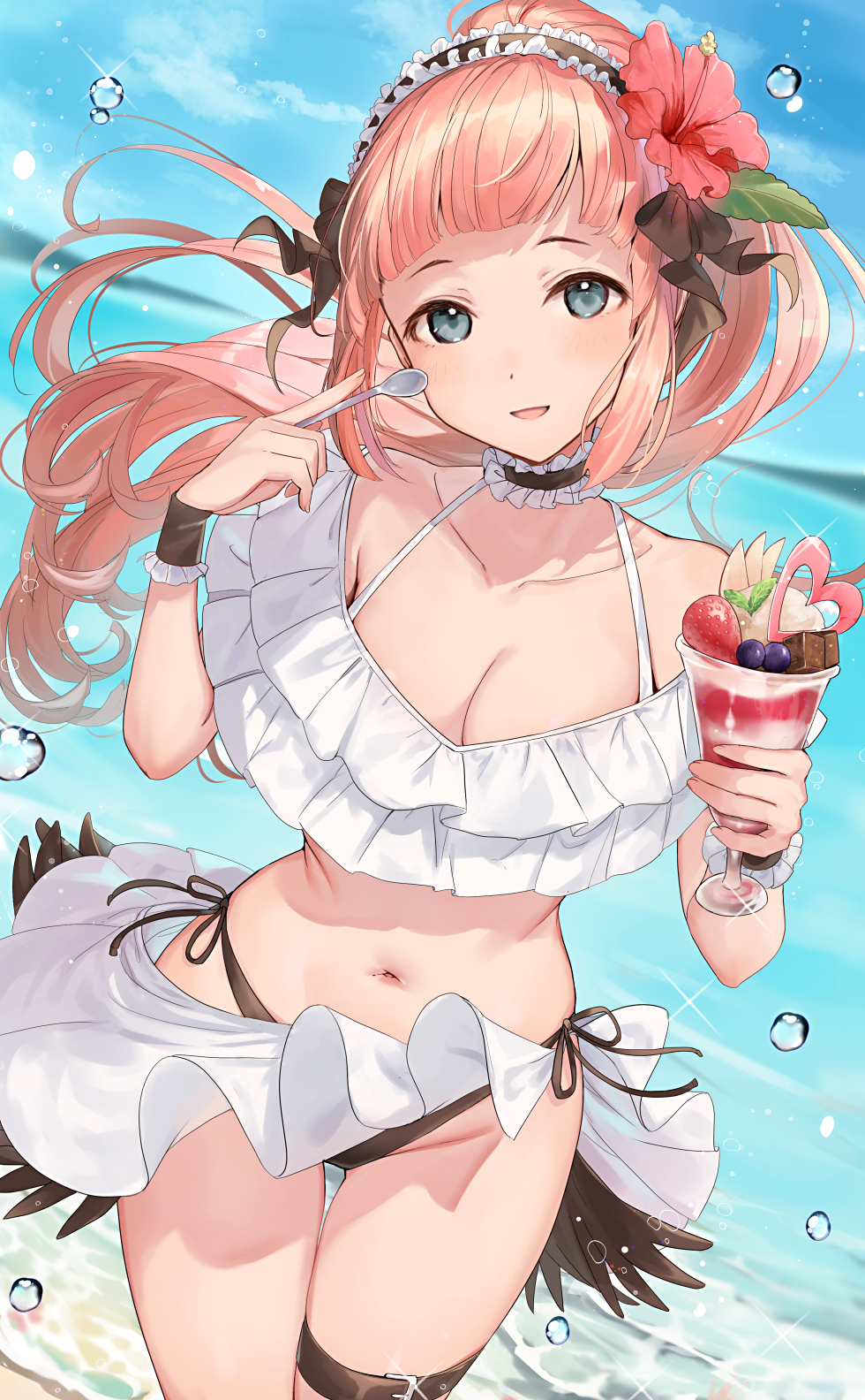 1girls alternate_costume bikini black_bikini_bottom blue_eyes blue_sky breasts choker cleavage day dutch_angle felicia_(fire_emblem) female female female_only fire_emblem fire_emblem_fates flower food hair_flower hair_ornament haru_(nakajou-28) highres holding holding_spoon ice_cream long_hair looking_at_viewer maid_headdress medium_breasts midriff navel nintendo ocean open_mouth outdoors pink_hair ponytail side-tie_bikini_bottom sky smile solo spoon swimsuit thigh_strap water_drop white_bikini white_swimsuit