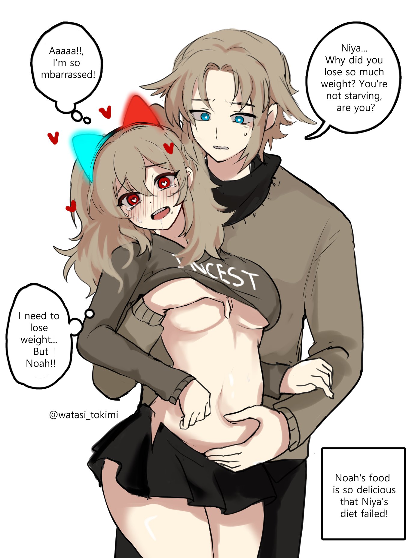 1boy, 1girls, blue eyes, blush, breast grab, breasts, brother and sister, clothing, female, heart, heart-shaped pupils, incest, male, niya (watasi tokimi), noah (watasi tokimi), original, red eyes, shirt lift, size difference, skirt lift, tears, underboob, watasi tokimi