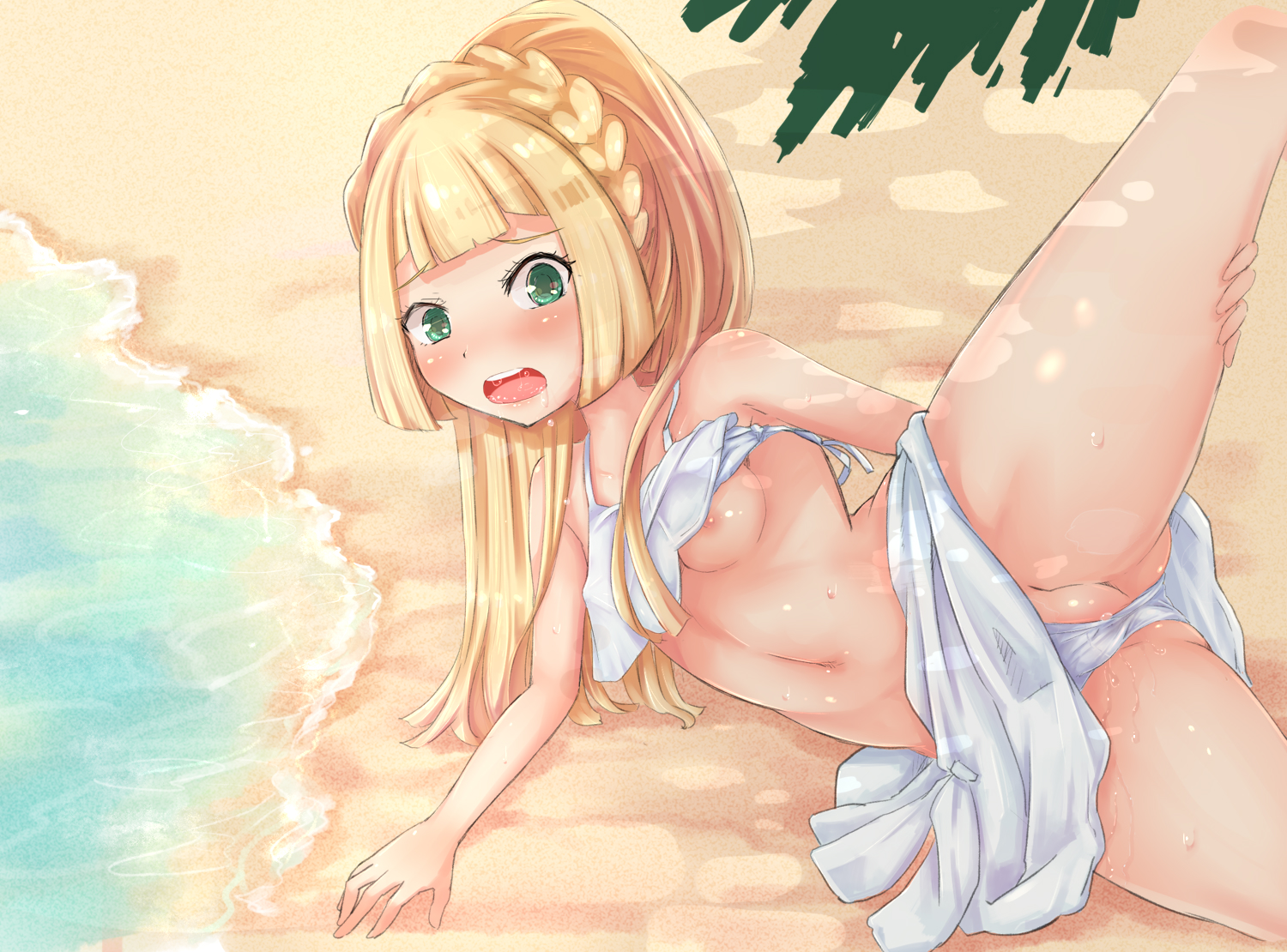 1girls, arm support, beach, between labia, bikini, bikini lift, bikini skirt, blonde hair, blush, bra, braid, breasts, chestnut mouth, clothed, drooling, female, female only, french braid, green eyes, human, innie pussy, lillie (pokemon), long hair, lying, navel, nintendo, nipples, on side, open mouth, outdoors, panties, partially visible vulva, pokemon, pokemon sm, ponytail, pussy, pussy juice, saliva, shiny, shiny hair, shiny skin, small breasts, solo, spread legs, sweat, swimsuit, teeth, tied hair, water, wet, white bikini, yuno (mioalice)