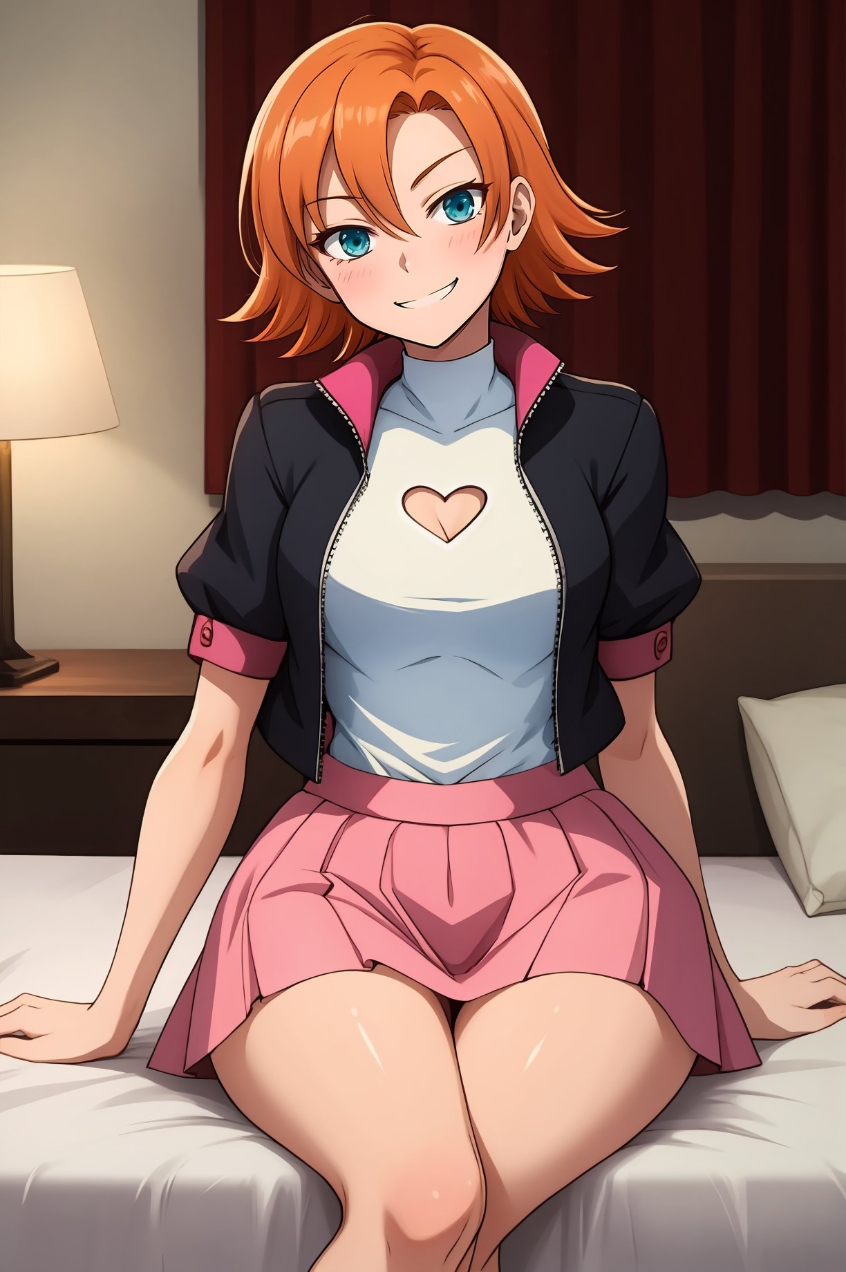 1girls, ai generated, blue eyes, female, female only, leukocrisp, looking at viewer, nora valkyrie, orange hair, pov, rwby, shiny hair, shiny skin, short hair, tagme