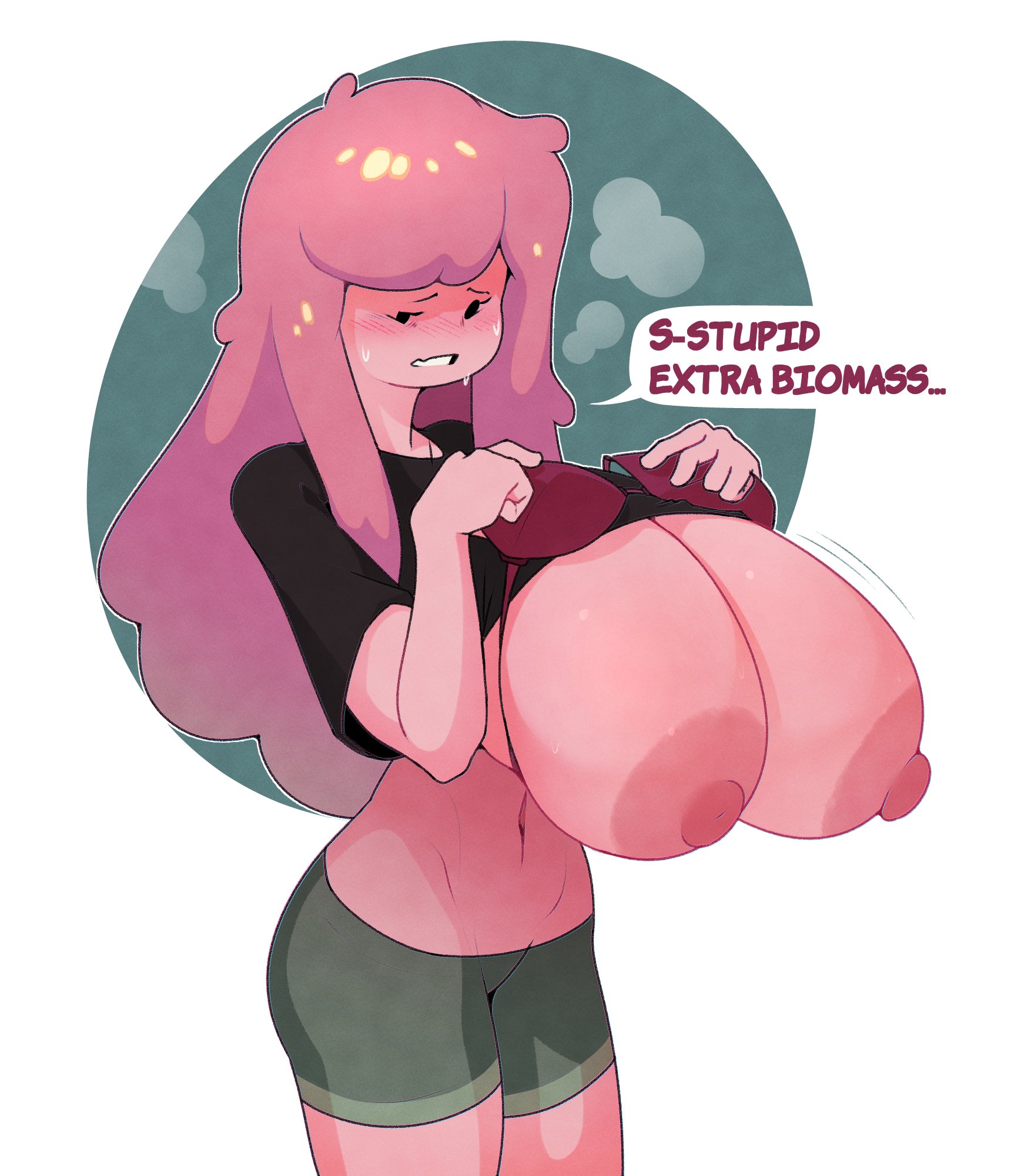 1girls, 2d, adventure time, areolae, balls, big areola, big breasts, big nipples, blush, breasts, clothed, clothing, dabble, female, female only, hanging balls, huge breasts, humanoid, hyper breasts, inconvenient breasts, large breasts, male, mob face, motion lines, nipple slip, nipples, open mouth, pink body, pink hair, pink skin, princess bubblegum, shirt, shirt pull, solo, standing, struggling, struggling to fit, sweat, sweatdrop, tight clothing, top heavy, white background
