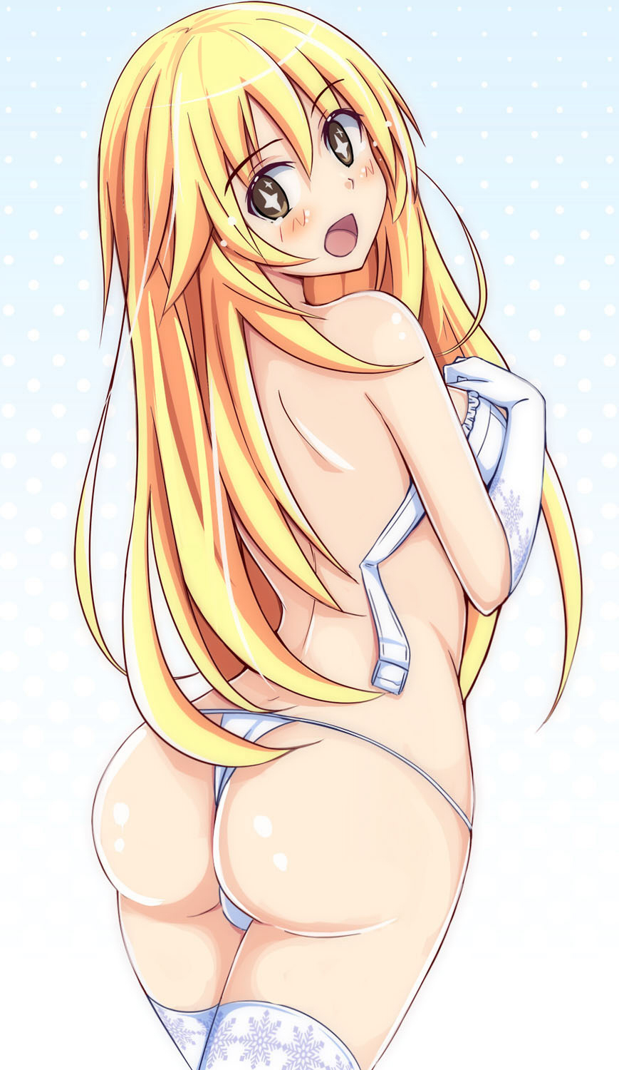 1girls ass back blonde_female blonde_hair blush bra bra_removed breasts embarrassed female gloves shokuhou_misaki slim_girl stockings teenage_girl teenager thong to_aru_kagaku_no_railgun to_aru_majutsu_no_index undressing yellow_eyes young younger_female