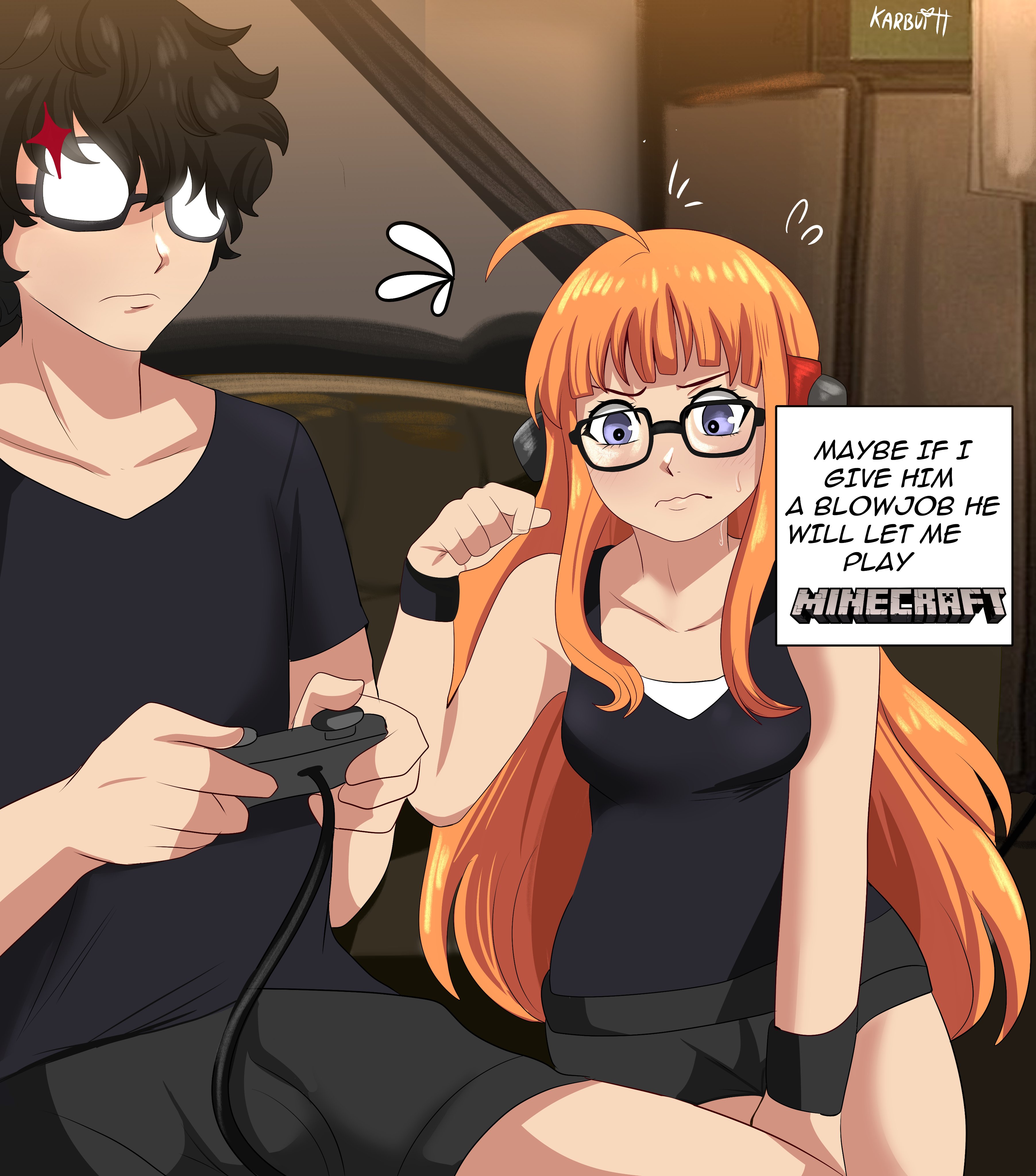 1boy, 1girls, black hair, blue eyes, clothed, dialogue, female, funny, glasses, karbuitt, male, minecraft, orange hair, persona, persona 5, ren amamiya, sakura futaba, sitting, sofa, speech bubble, text
