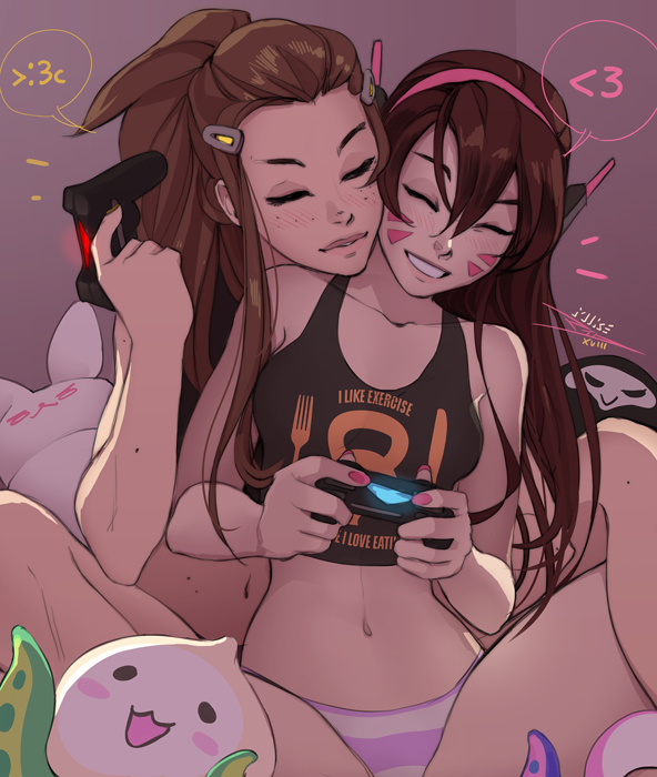 <3 2d 2girls alternate_costume brigitte brigitte_lindholm cute d.va facepaint female female_only gaming hana_song hourglass_figure lesbian medium_breasts multiple_girls overwatch panties softcore vashito vashperado wholesome yuri