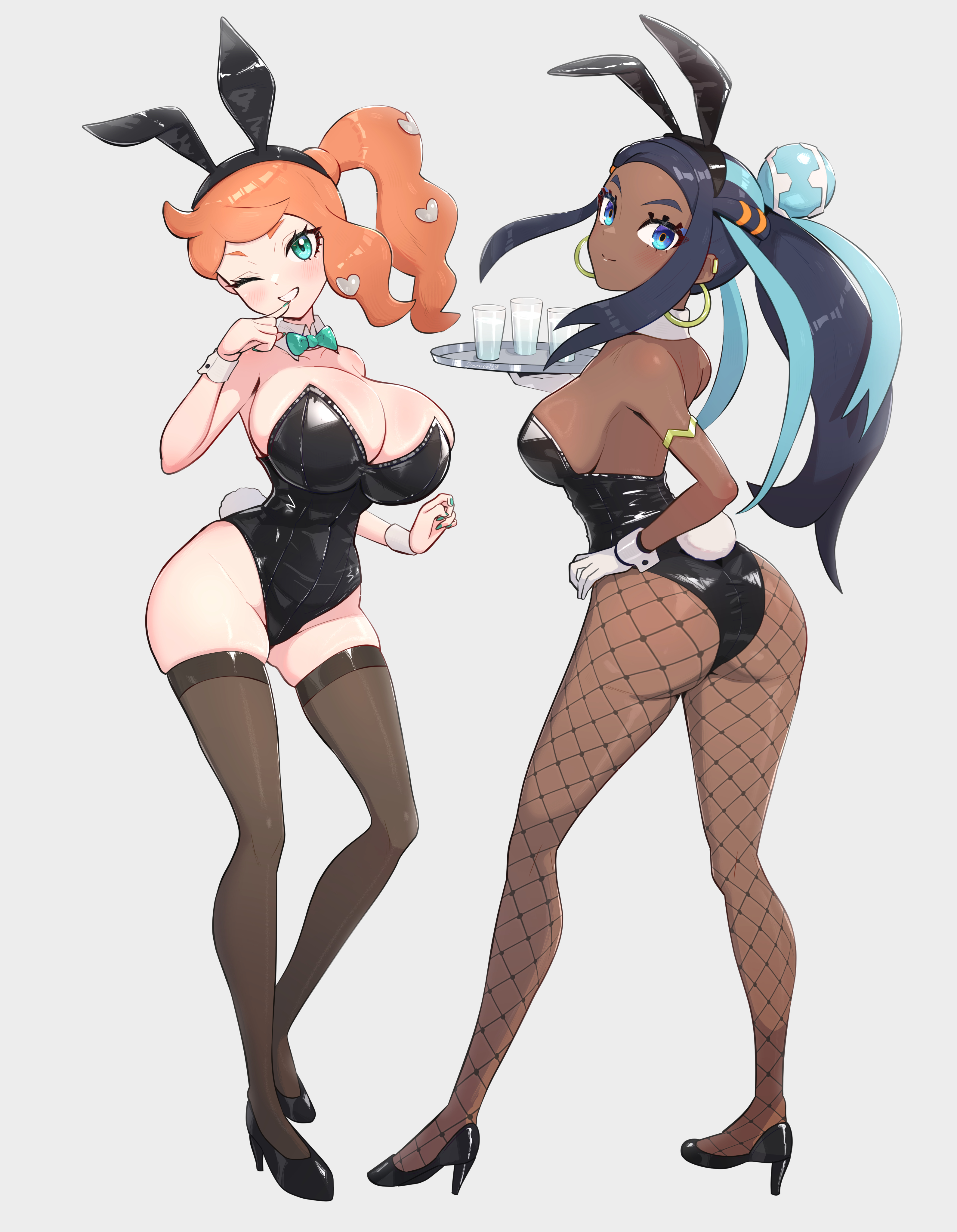 2girls, aqua eyes, ass, big ass, blue eyes, blue hair, breast size difference, breasts, bunny ears, bunny girl, bunny tail, bunnysuit, chocolate and vanilla, dark blue hair, dark skin, dark-skinned female, female, female only, fishnets, full body, gonzarez, hi res, high heels, huge breasts, light skin, light-skinned female, long hair, looking at viewer, looking back, nessa (pokemon), nintendo, one eye closed, orange hair, pokemon, pokemon ss, serving tray, side ponytail, sideboob, simple background, sonia (pokemon), stockings, thighhighs, thighs, wink