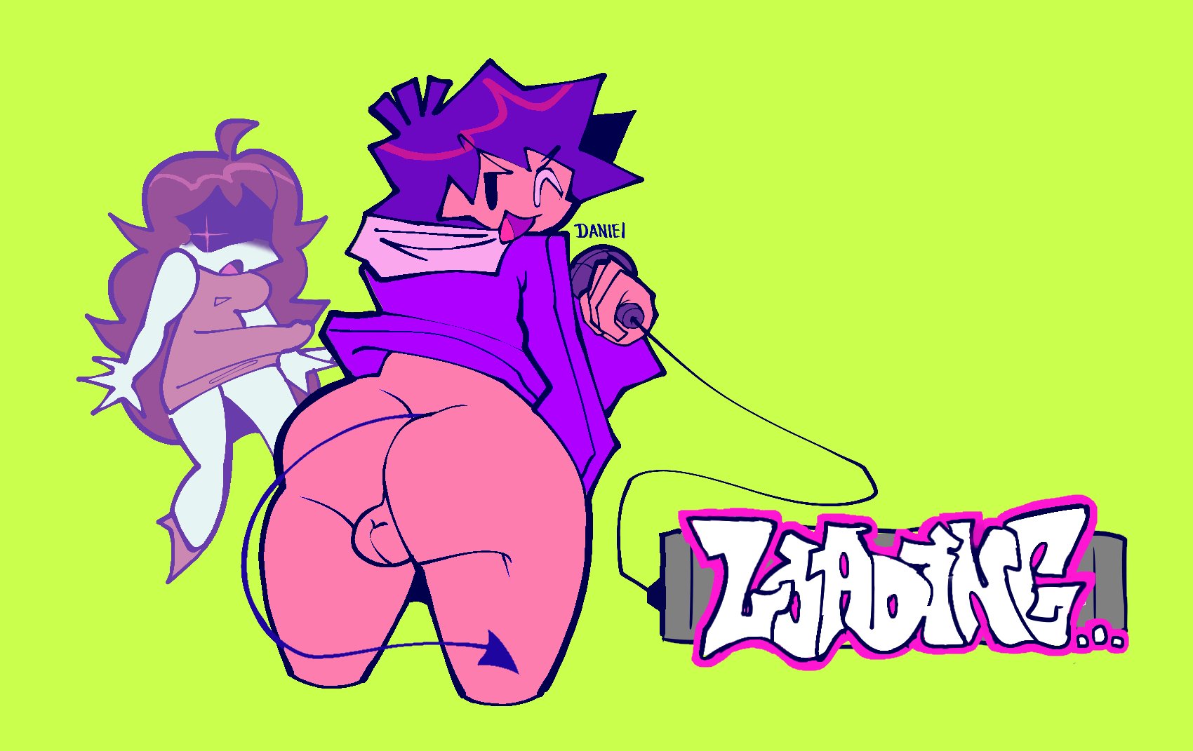 1boy, 1futa, ass out, big ass, big bulge, big penis, bottomless, bulge, bulge through clothing, clothed, clothing, dani (danielito), danielito, demon tail, dress, fat ass, femboy, friday night funkin, futa mommy gf, futanari, girlfriend (friday night funkin), hard cock, hard on, horny, human, humanoid, imminent sex, light skin, loading screen, looking back, lprs, male, male focus, microphone, partially clothed, showing ass, solo focus
