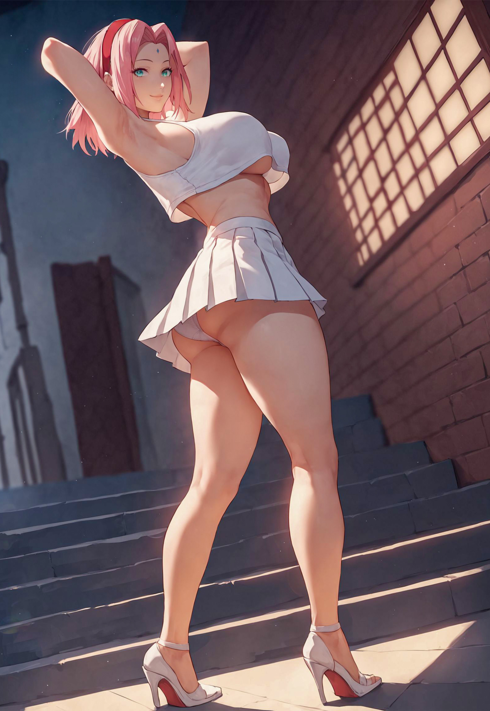 1girls, adapted costume, ai generated, alex-schura, alley, alternate breast size, alternate costume, arms behind head, arms up, ass, ass focus, big ass, big breasts, breasts, cowboy shot, crop top, cropped shirt, female, female only, from behind, g-string, green eyes, heels, high heels, huge ass, huge breasts, light skin, light-skinned female, lipstick, makeup, miniskirt, nai diffusion, naruto, naruto (series), naruto shippuden, night, no bra, no bra under clothes, outdoors, panties, pantyshot, pantyshot (standing), pink hair, pinup, pose, posing, presenting, presenting ass, presenting hindquarters, revealing clothes, sagging breasts, sakura haruno, shirt, shoulder length hair, skimpy, skimpy clothes, skirt, small clothes, solo, solo focus, spiky hair, stable diffusion, stairs, thick thighs, thighs, tight clothing, underboob, underwear, upskirt