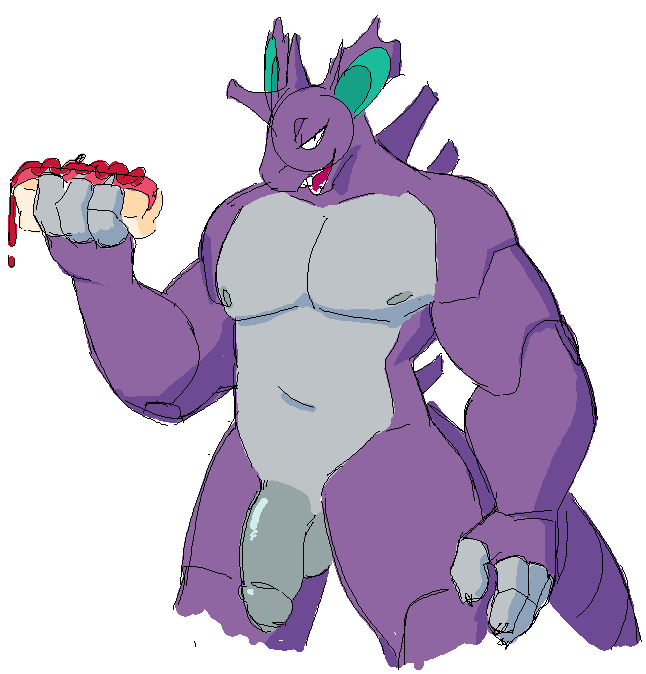 1boy 2018 anthro barazoku biped humanoid_penis looking_at_viewer male male_only muscular muscular_male nidoking nintendo nipples nude open_mouth penis pokemon pokemon_(species) remanedur scalie simple_background smile solo standing testicles thick_thighs video_games white_background