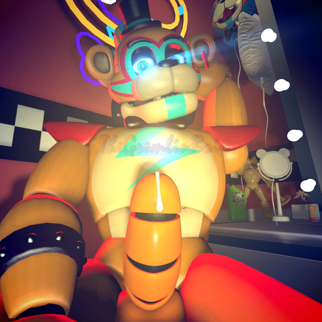 animatronic bear blue_eyes bodily_fluids dripping duo five_nights_at_freddy's five_nights_at_freddy's:_security_breach genital_fluids glamrock_freddy glamrock_freddy(fnaf) glamrock_freddy_(fnaf) glowing glowing_eyes leaking_precum looking_at_viewer machine male male/male mammal precum precum_drip robot scottgames steel_wool_studios thegremlinboi