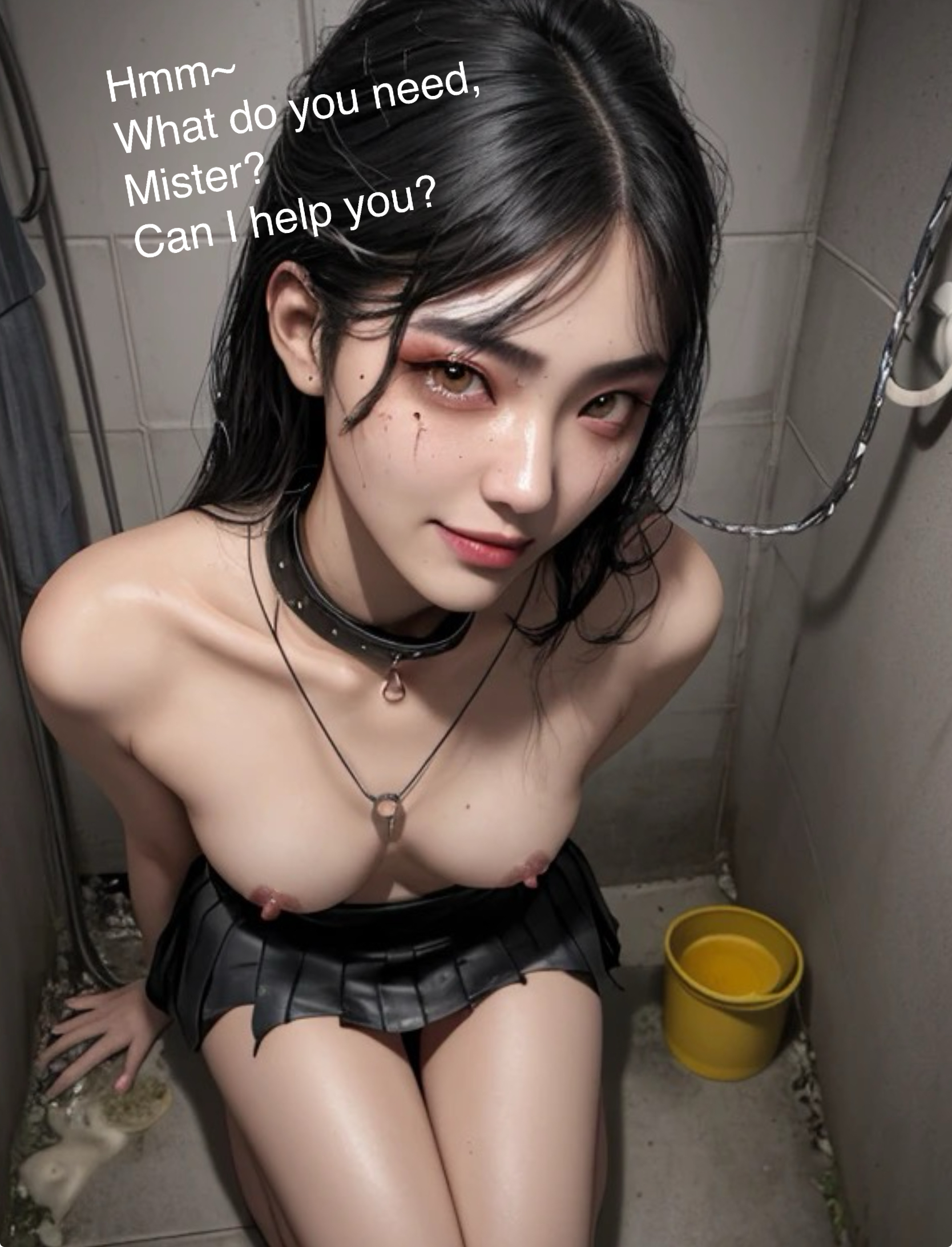 1girls, ai generated, asian, asian female, bathroom, breasts, chained, chained up, collar, female, human toilet, kneeling, korean, korean female, leash, messy, sitting, submissive female, toilet, topless