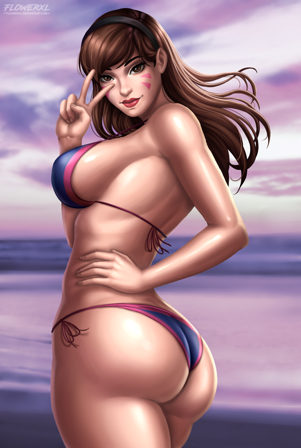 1girls alluring artist_logo asian asian_female ass background big_ass big_breasts bikini blizzard_entertainment breasts brown_eyes brown_hair brunette cleavage d.va deviantart_username evening female female_only flowerxl hair_in_wind hana_song huge_ass korean korean_female lipstick long_hair looking_at_viewer looking_back markings overwatch pinup purple_bikini purple_sky red_lipstick seaside side_view sideboob solo thick_body thick_thighs thighs tiara v