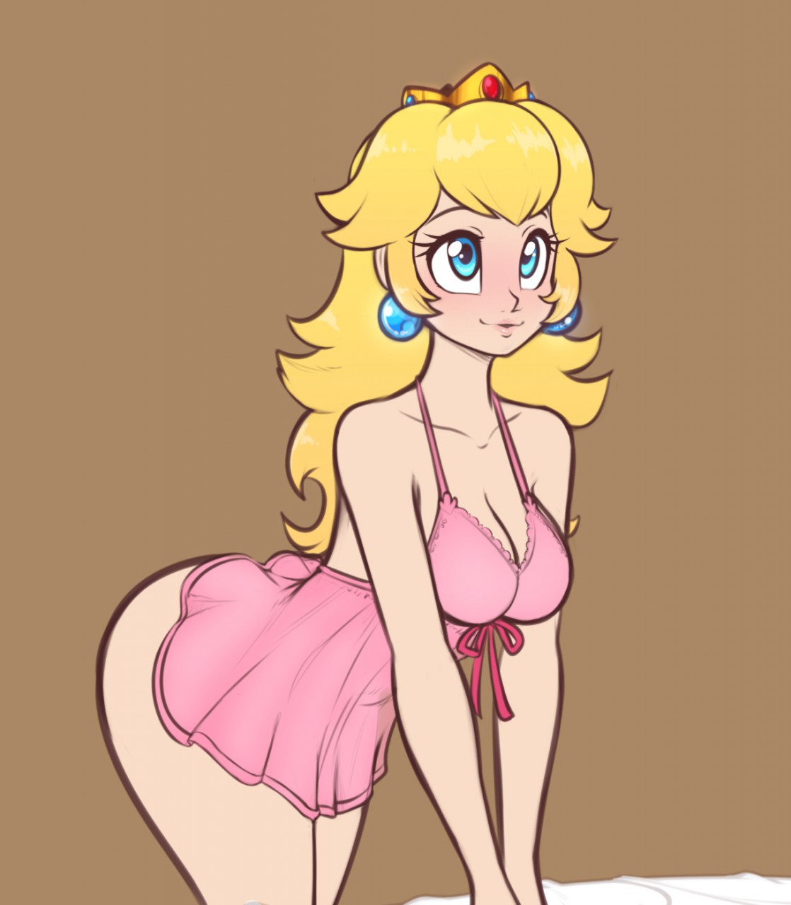 1girls big_ass big_breasts blonde blue_eyes blush chemise cleavage female female_only leaning_forward lingerie mario_(series) negligee nintendo princess_peach scorpdk simple_background solo underwear underwear_only