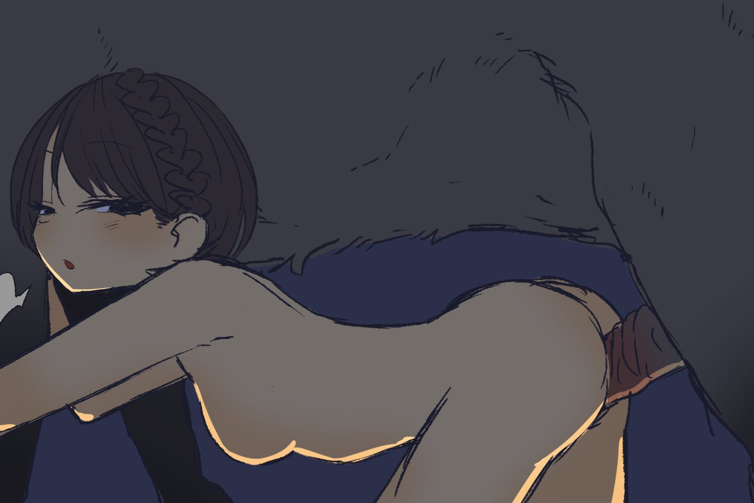ass, bent over, braid, breasts, breath, dark, female, horse, interspecies, looking back, male, nude, ootorii bisetsu, original, penis, sex, zoophilia