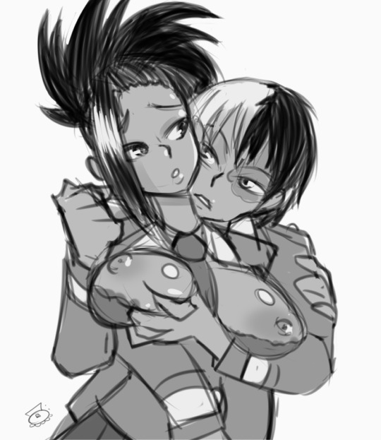 1boy, 1girls, black and white, black and white hair, black hair, breast grab, breast squeeze, breasts, breasts out, exposed breasts, female, fondling, male, momo yaoyorozu, my hero academia, nipples, partially clothed, school uniform, sex, shouto todoroki, sketch, thesquiddycipher, todoroki shouto, u.a. school uniform, undressing, white background, yaoyorozu momo