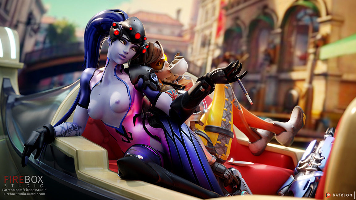 2girls, 3d, amelie lacroix, areolae, blender, blizzard entertainment, bodysuit, boob window, breast window, breasts, breasts out, cigarette, female, female only, fireboxstudio, lena oxton, nipples, overwatch, patreon username, tracer, tumblr username, widowmaker