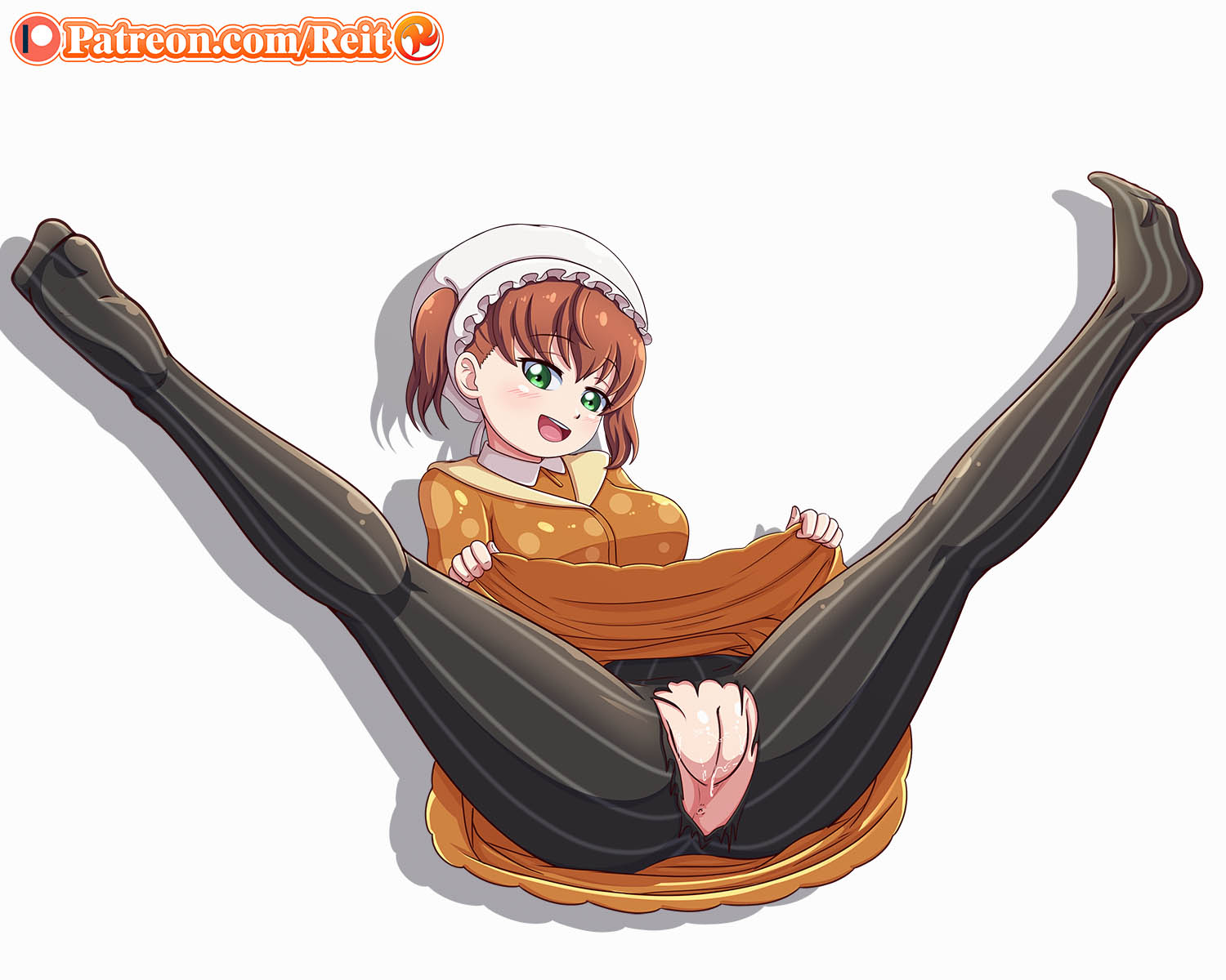 1girls, ass, brown hair, female, female only, green eyes, hat, maid, miss kobayashi's dragon maid, open legs, open mouth, pantyhose, patreon, reit, saikawa georgie, short hair, skirt, skirt lift, text, torn clothes, torn pantyhose, url, watermark
