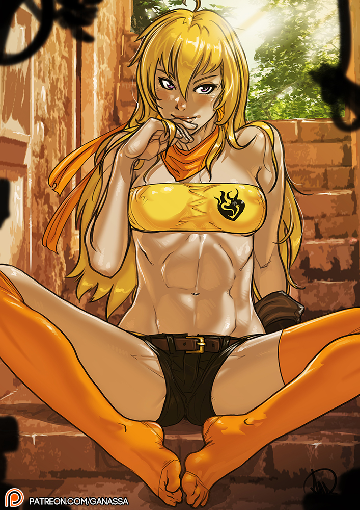 1girls, abs, blonde hair, breasts, cleavage, feet, female, female only, ganassa, looking at viewer, muscles, muscular, muscular female, rwby, small breasts, solo, spread legs, text, toes, tubetop, url, watermark, yang xiao long