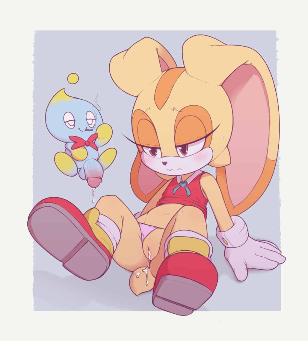 after sex, after vaginal, anthro, arm support, balls, blue skin, blush, bunny ears, chao (sonic), cheese the chao, cigarette, clothing, cream fur, cream the rabbit, cub, cum, cum in pussy, cum inside, cum leaking, cum on tail, cumdrip, dripping, duo, female, flat chested, floating, fur, gloves, humanoid genitalia, humanoid penis, interspecies, kekitopu, lagomorph, larger female, long ears, male, mammal, navel, orange fur, panties, panties aside, penis, pink panties, pussy, rabbit, sega, sex, shirt, shoes, simple background, size difference, smaller male, smoking, sonic (series), sonic the hedgehog (series), spread legs, spreading, straight, tail, tan fur, thick penis, thighs, two-tone skin, underwear, underwear aside, vaginal penetration, vein, veiny penis, white gloves, young