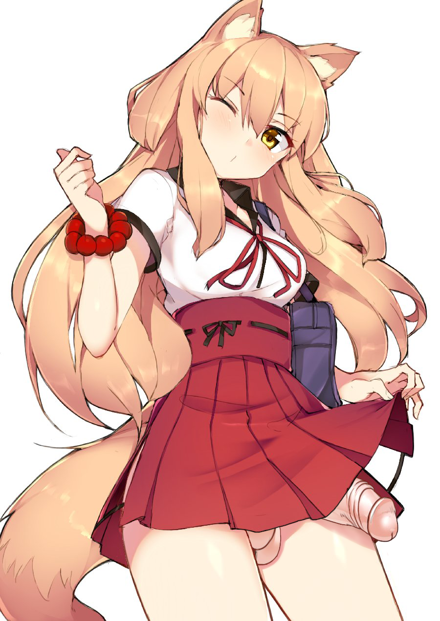 10s 1futa animal_ears blonde_hair cowboy_shot fate/extra fate/extra_ccc fate/extra_ccc_fox_tail fate_(series) foreskin fox_ears fox_tail futa_only futanari hakama hakama_skirt haruyuki_(yukichasoba) head_tilt highres intersex japanese_clothes long_hair neck_ribbon nimji o3o one_eye_closed penis red_hakama ribbon simple_background skirt_hold solo suzuka_gozen_(fate) tail testicles third-party_edit uncensored white_background yellow_eyes