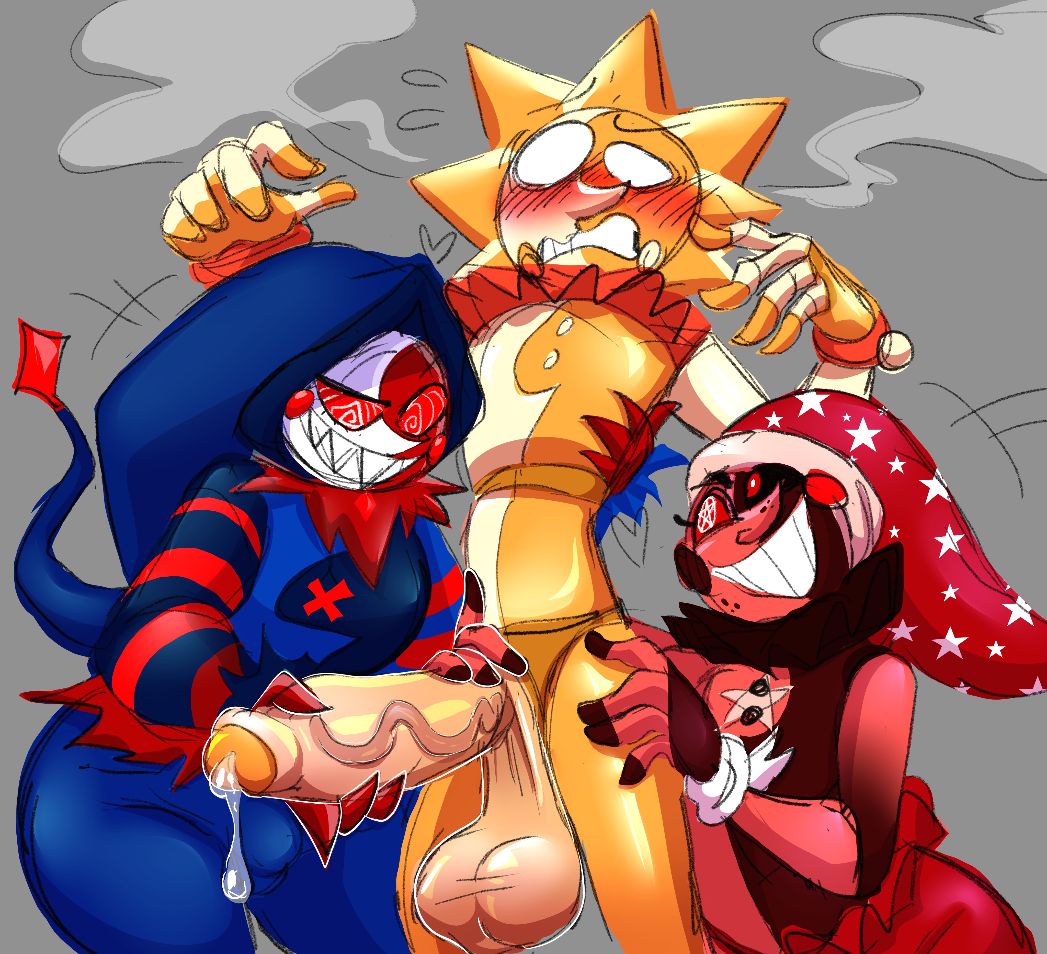 ballsack, blood moon (sun and moon show), blood moon v1, blood moon v2, bulge, bulge through clothing, embarrassed, embarrassed nude male, fondling, gay, male, mintsinshq, multiple boys, multiple males, non-human, penis, penis fondling, penis out, precum, skinny, sun and moon show, sundrop, toony