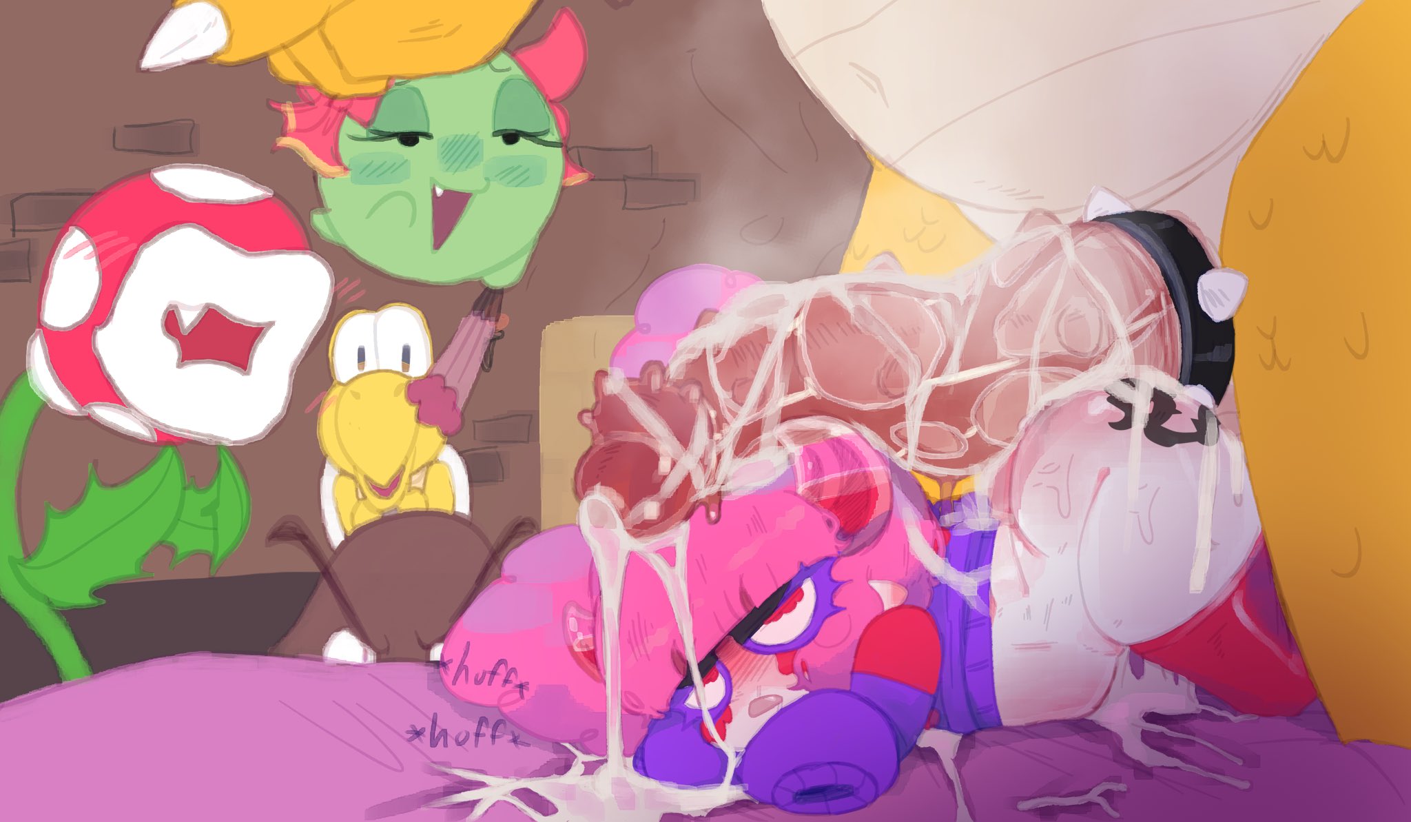 after anal, after sex, anal penetration, biting own lip, bowser, chocovania (character), cock shock, cock worship, cum drip, cum on body, fucked silly, horns, imminent sex, imp, koopa, lady bow, larger male, mario (series), meweeze, nintendo, original, original character, piranha plant, short hair, shortstack, size comparison, size difference, smaller female, spreading pussy, super mario bros.
