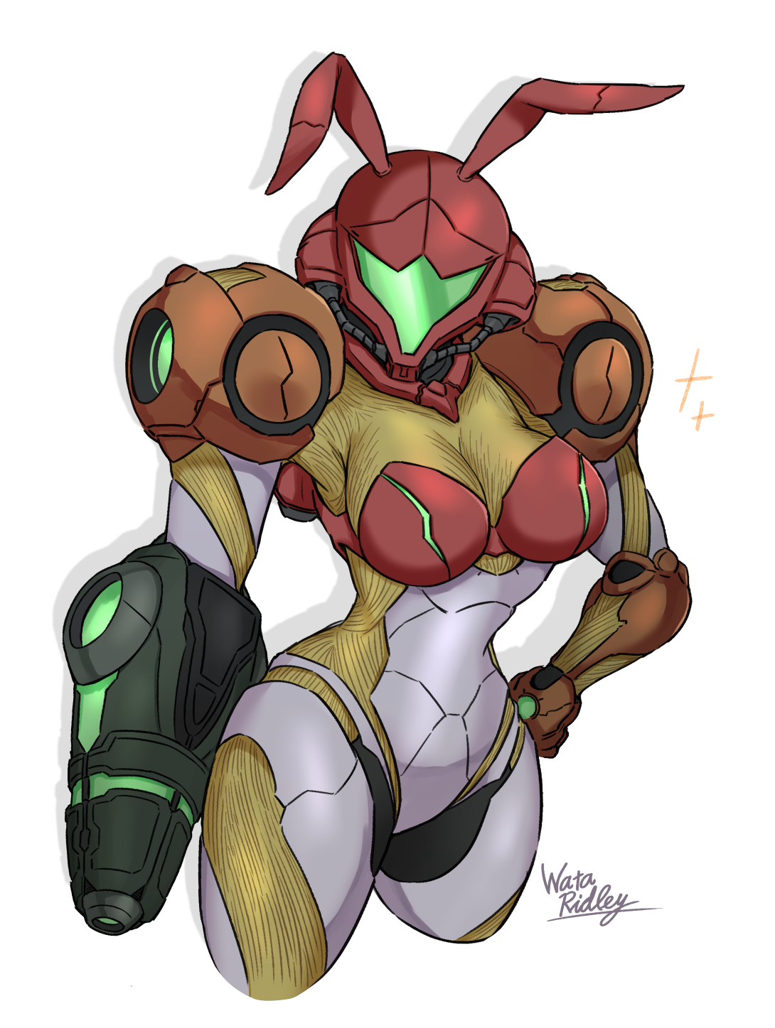 1female, 1girls, 2025, arm cannon, armor, armored, armored female, armored samus, artist signature, bunny ears, bunnysuit, curvy, curvy female, curvy figure, digital media (artwork), female, female focus, female human, female only, green visor, helmet, helmet with visor, hourglass figure, hourglass figured female, metroid, metroid dread, nintendo, organic armor, samus aran, solo, solo female, solo focus, sparkles, video game character, visor, wata ridley, weapon, white background