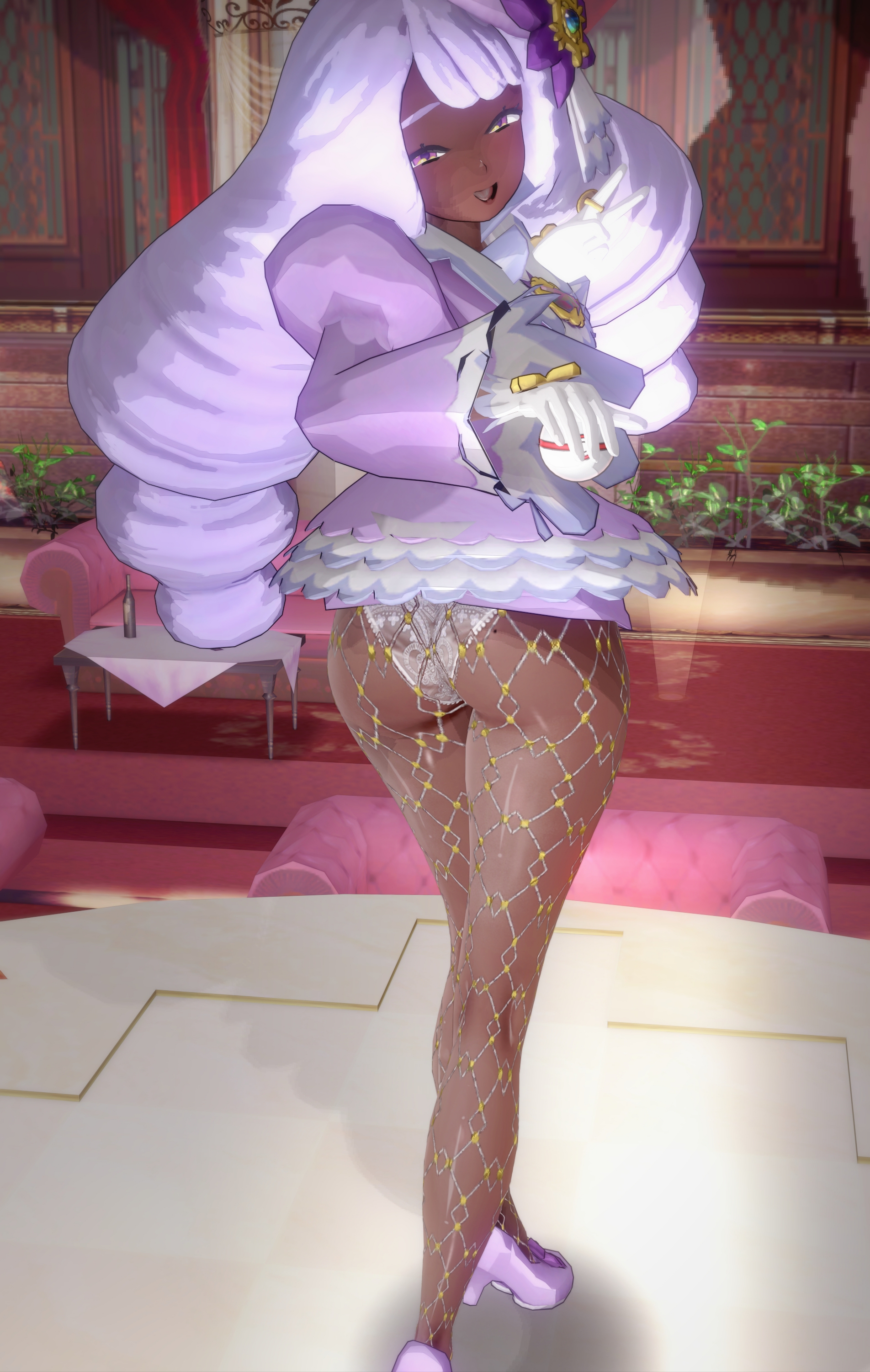 african female, black female, dark-skinned female, envenenad0, female, fishnet legwear, fishnets, high heels, jacinthe (pokemon), koikatsu, looking at viewer, miniskirt, naughty face, panty peek, pixiv, pokemon, pokemon legends: z-a, showing ass, sultry eyes, white panties, yukari (pokemon)