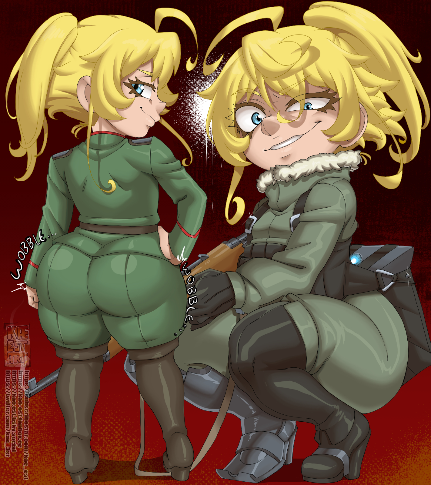 1girls, ahoge, ass, ass crack, ass focus, big ass, bottom heavy, breasts, bubble butt, clothed, clothing, female, female focus, female only, gun, hand on hip, hi res, kae-est art, looking back, military uniform, petite female, shortstack, skin tight, small breasts, smug, smug face, solo, solo female, tanya degurechaff, thick thighs, wide hips, youjo senki