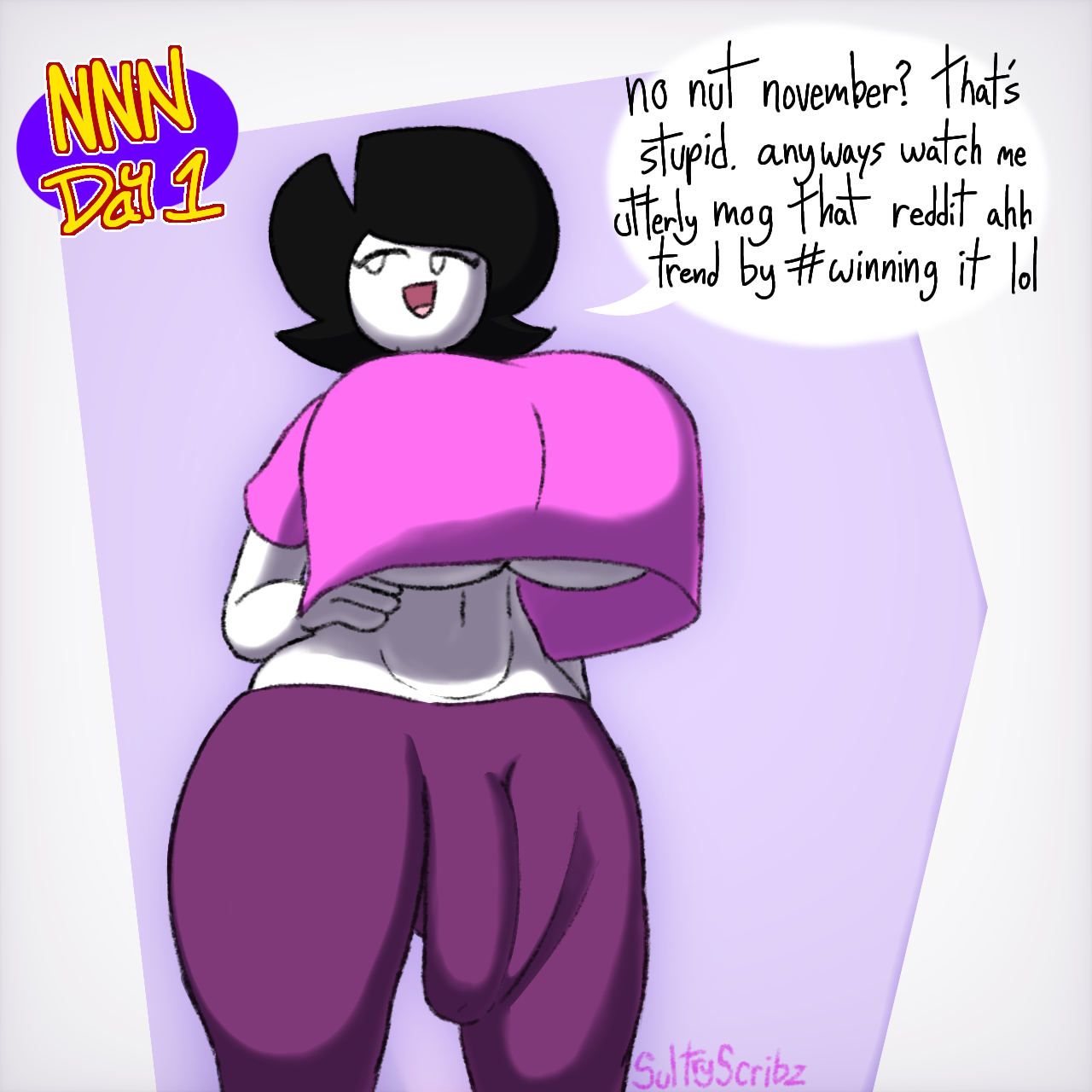 1futa, big breasts, breasts, breasts bigger than head, clothed, clothed futa, clothing, dialogue, fully clothed, futa only, futanari, huge breasts, intersex, low-angle view, melissa (sultryscribz), no nut november, self upload, slang, solo, solo futa, sultryscribz, tagme, text, underboob