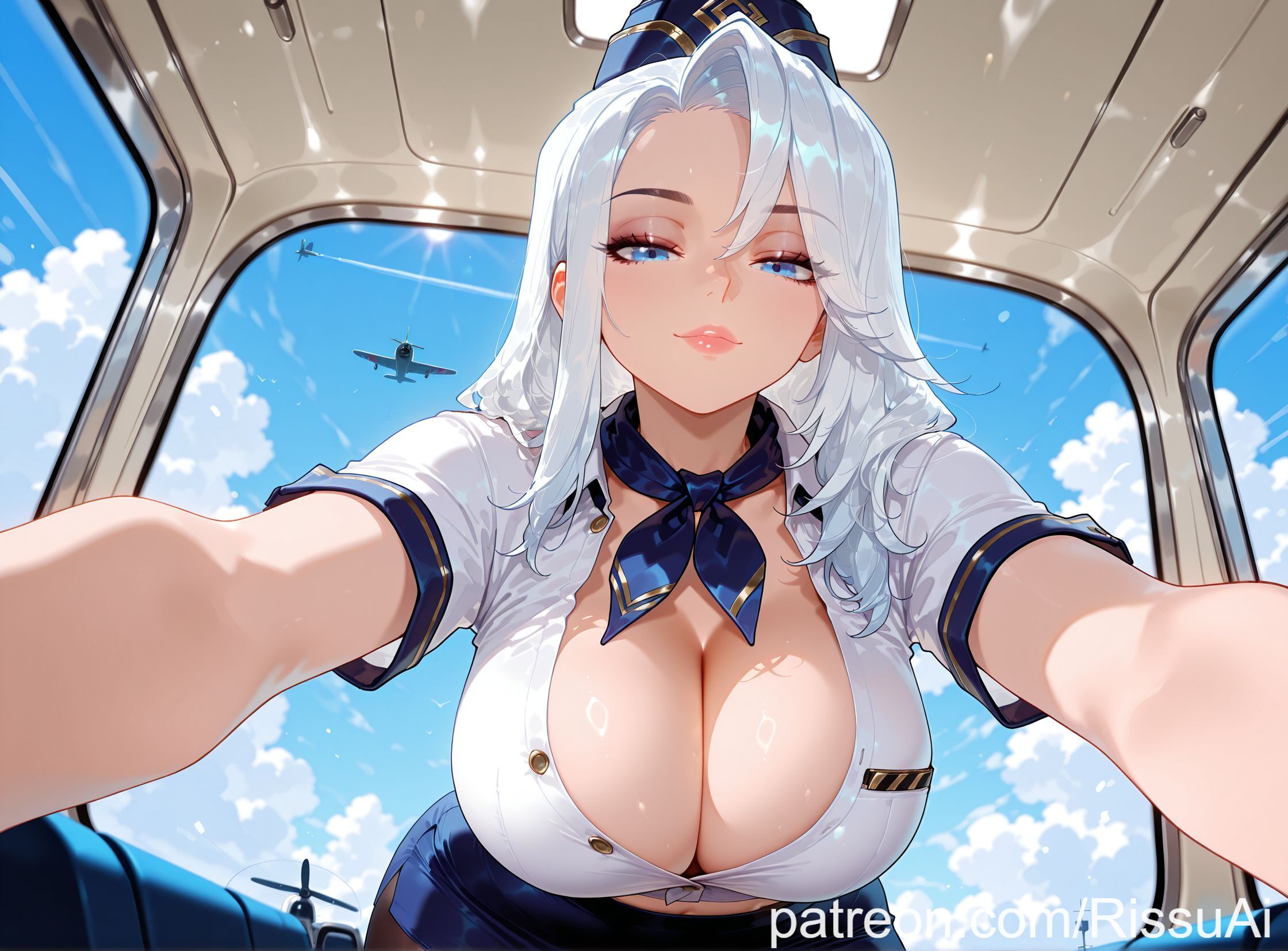 1girls, ai generated, ashe (league of legends), big ass, big breasts, big lips, blue eyes, blue hair, blurry background, breasts, curvy, cute, cute face, female, female only, flight attendant, flight attendant uniform, grabbing, horny, in heat, large ass, league of legends, looking at viewer, makeup, on plane, riot games, rissuai, sexy, sexy look, solo, two-tone hair, voluptuous female, white hair