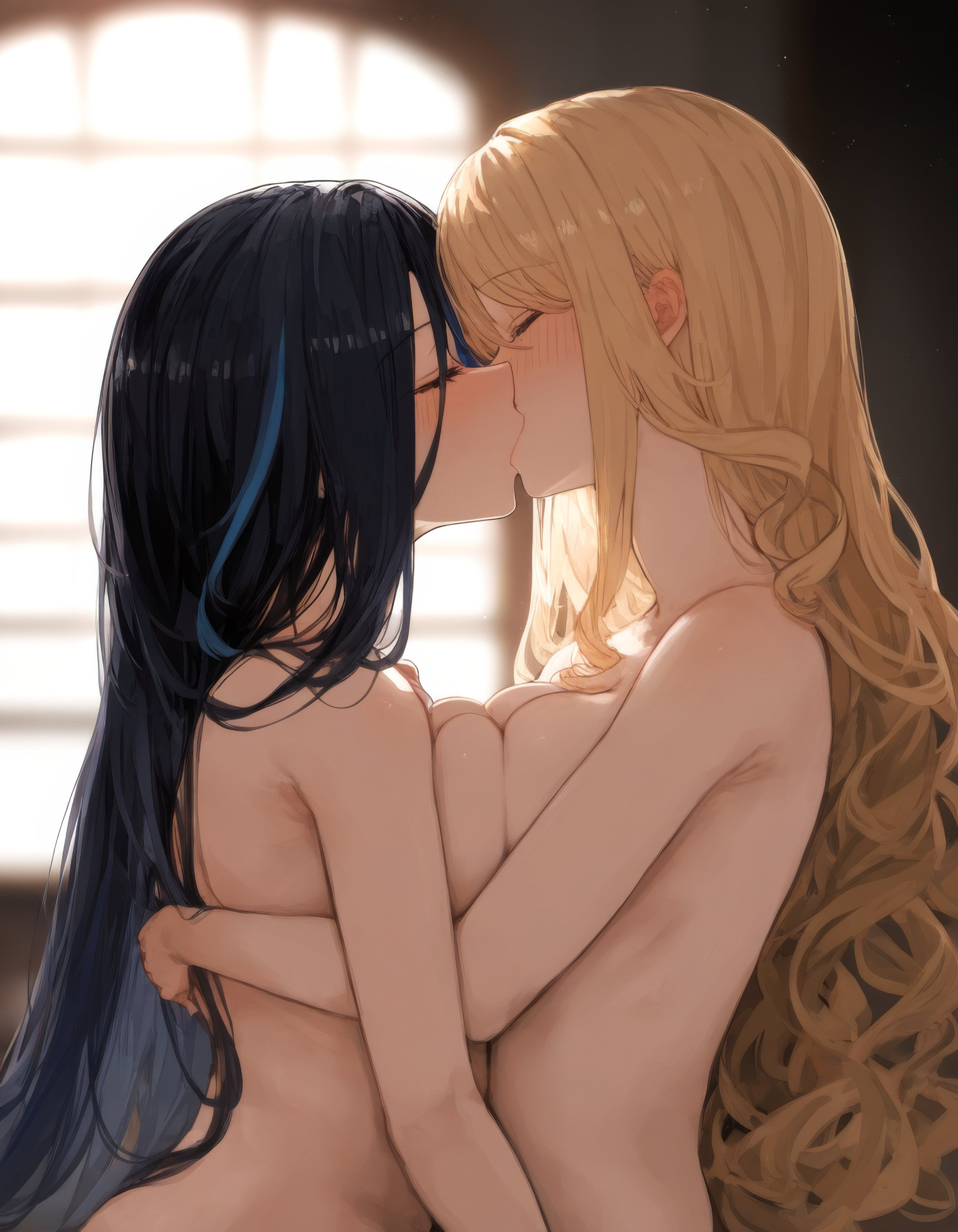 2girls, ai generated, blonde hair, breasts, clorinde (genshin impact), closed eyes, female, genshin impact, hugging, kissing, large breasts, long hair, naked, navia (genshin impact), yuri