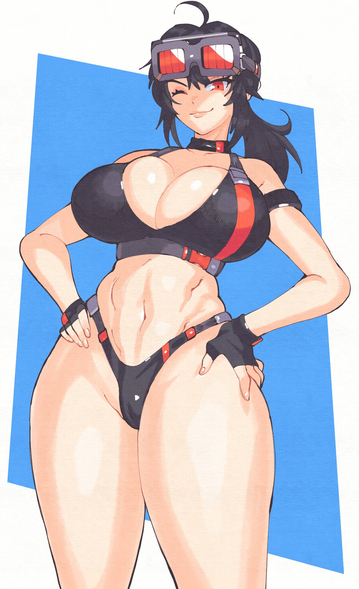1girls, 2024, about to burst, barely contained, barely contained breasts, barely fits, belly button, black bra, black fingerless gloves, black gloves, black hair, black thong, bra, breasts too big, bursting breasts, cameltoe, eyewear, eyewear on head, female focus, female only, fingerless gloves, flat belly, front view, gloves, goggles, goggles on head, grace howard, hands on hips, highres, huge breasts, human, imminent wardrobe malfunction, inkerton-kun, inkuusan, large ass, large breasts, light skin, light-skinned female, looking at viewer, neckwear, one eye closed, pose, posing, red eyes, simple background, slender waist, slim waist, smirk, smirking, smirking at viewer, solo, solo female, solo focus, thick ass, thick thighs, thong, tight fit, too tight, undersized clothes, undersized clothing, wink, zenless zone zero