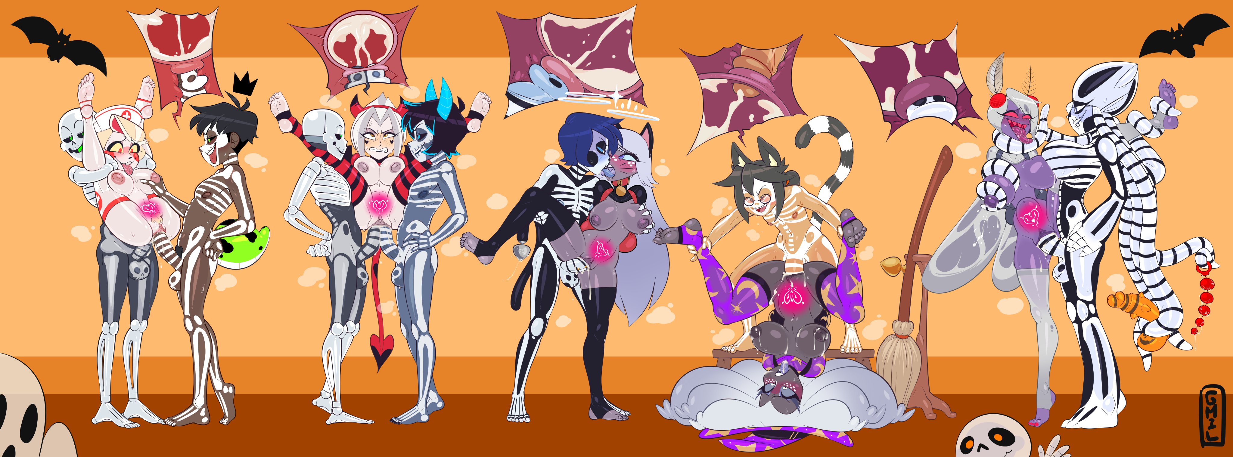 5girls, ari star (usagi star), armbinder, bondage, bondage outfit, boxbinder, cat ears, charlie morningstar (hazbin hotel), cum inside, devil horns, emily (hazbin hotel), female valentino, femsub, full nelson, gmil, grabbing, grabbing breasts, halloween, hazbin hotel, impregnation, kissing, lute (hazbin hotel), maledom, multiple boys, multiple girls, multiple impregnation, nurse cap, orgy, penetration, penis in pussy, rule 63, sera (hazbin hotel), tongue out, valentino (hazbin hotel), witch hat