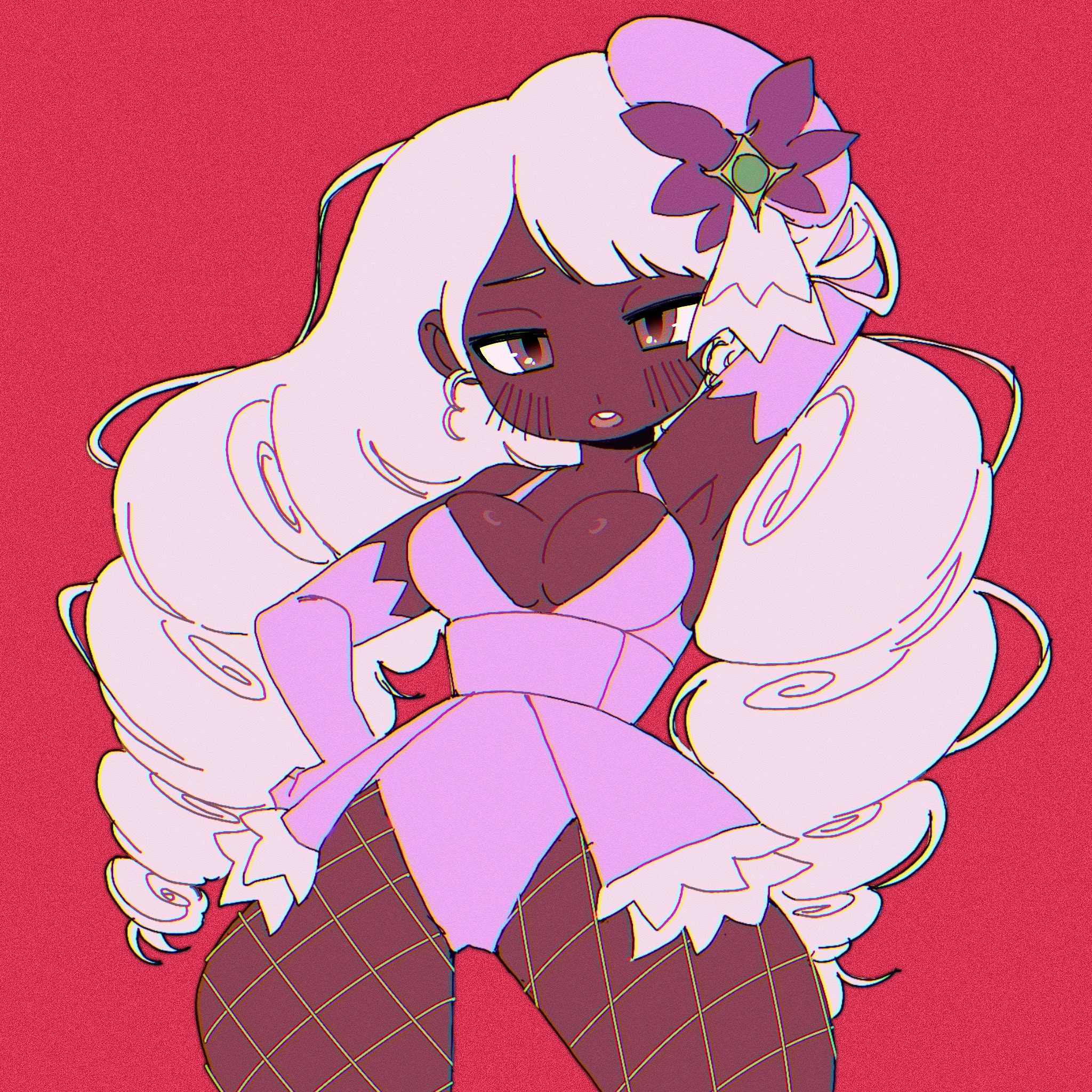 big breasts, blush, breasts, embarrassed, fishnet legwear, fishnets, hand on hip, hands behind head, hourglass figure, jacinthe (pokemon), leotard, looking at viewer, mythruna, pokemon, pokemon legends: z-a, showing off, thick thighs, white fishnets, wide hips, yukari (pokemon)