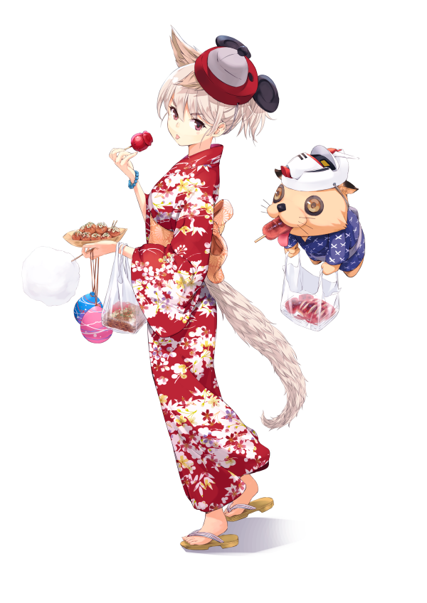 animal_ears apple bangs bear bow bracelet brown_eyes canine cotton_candy female floral_print flying food food_in_mouth fruit full_body hair_between_eyes hair_ornament head_tilt holding holding_food holding_fruit holding_tray japanese_clothes jewelry kimono large_bow looking_at_viewer looking_back low_ponytail maeda_risou mask mask_on_head mouse original profile purple_eyes sandals short_hair silver_hair simple_background solo standing tail tongue tongue_out traditional_clothes tray white_background wolf_ears wolf_girl wolf_tail