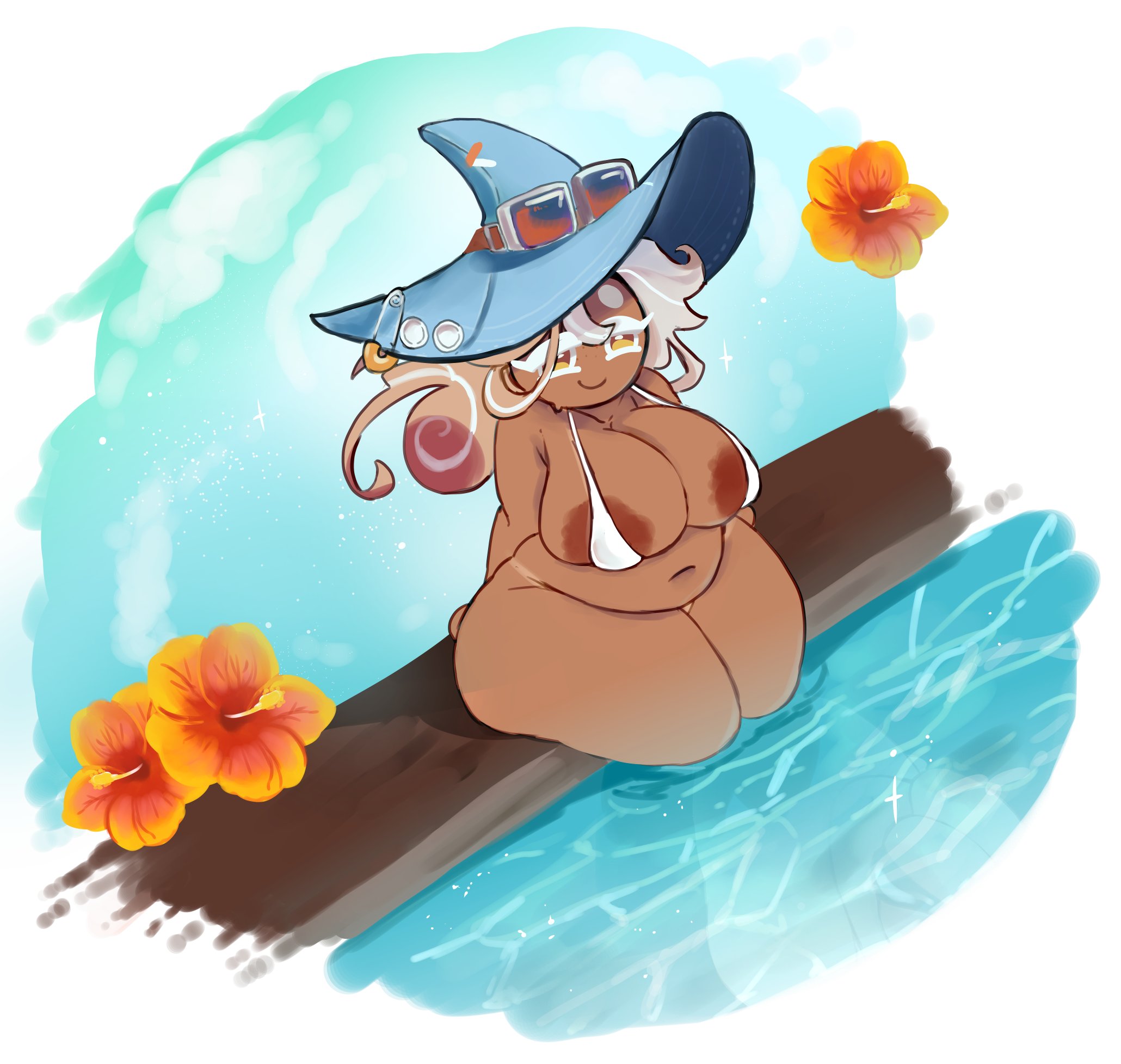 1girls, almost naked, bikini, bottomless, breasts, chubby female, cookie run, cookie run ovensmash, dark-skinned female, flower, functionally nude female, hat, ineffective clothing, large breasts, latte cookie (cookie run), legs in water, magpiered, magpieredd, official alternate costume, sitting, tan lines, visible nipples, water, witch hat