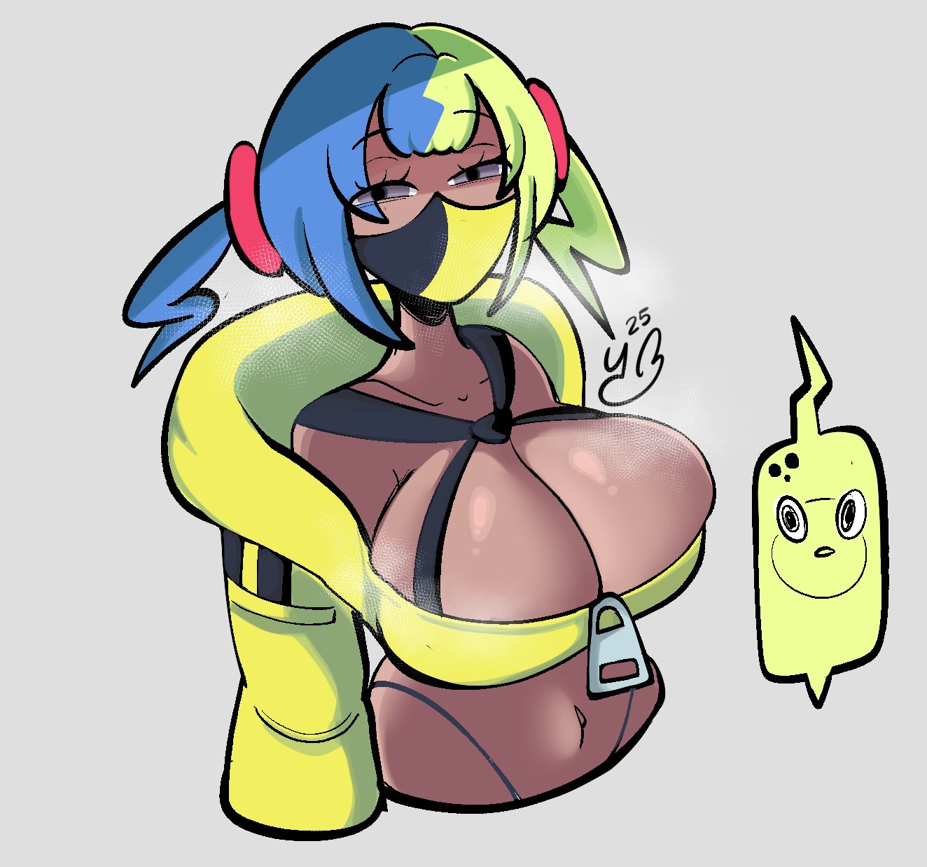 1girls, bangs, big breasts, black eyes, blonde hair, blue hair, breasts, canari (pokemon), canary (pokemon), cleavage, clothed, cropped torso, dark skin, dark-skinned female, eyebrows visible through hair, facemask, female, female only, grey background, gyaru, huge breasts, kusogaki, large breasts, looking at viewer, multicolored hair, navel, pokemon, pokemon legends: z-a, solo, streamer, striped, upper body, yanderocky