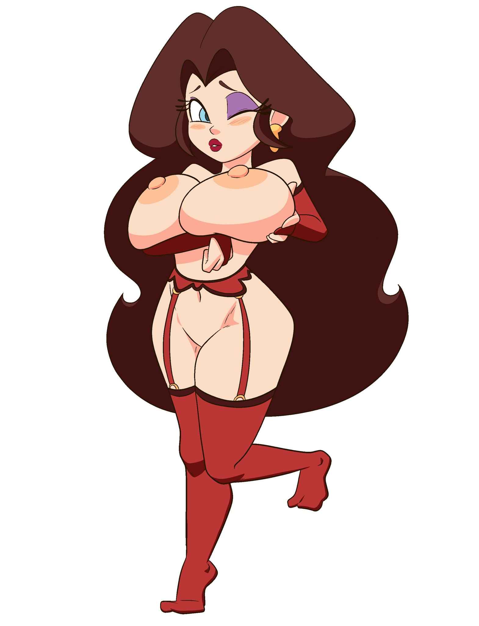 1girls, armwear, artlaccer (artist), big breasts, blue eyes, breasts, brown hair, clothing, eyelashes, female, female only, full body, grabbing breasts, hair, huge breasts, human, human only, laccerart, legwear, light skin, light-skinned female, lipstick, long hair, mammal, mario (series), mature, mature female, nintendo, nipples, pauline, pussy, red legwear, red lipstick, sexy, solo, solo female, solo focus, voluptuous, voluptuous female, white background